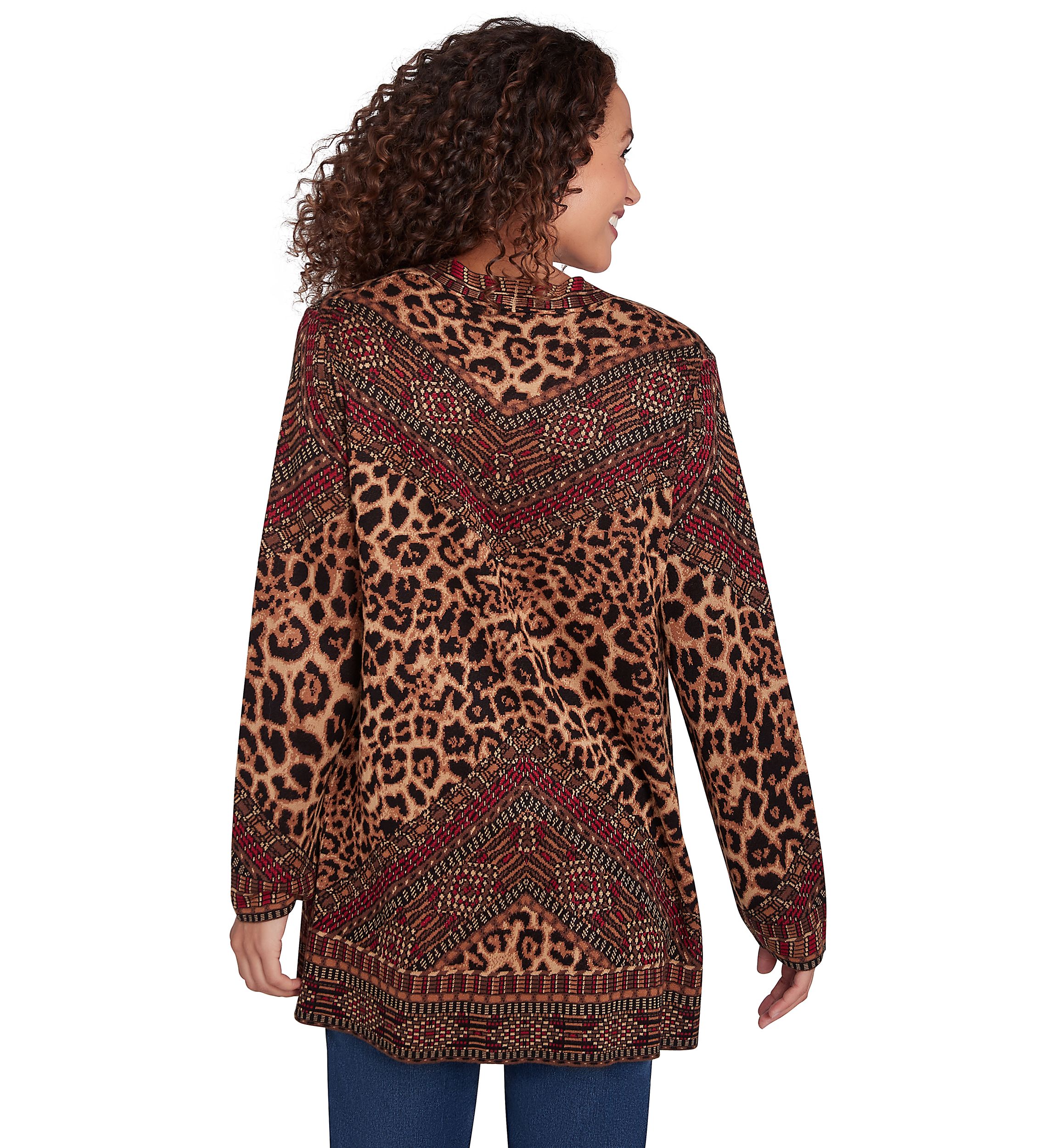 Womens Open Front Leopard Patchwork Jacquard Sweater