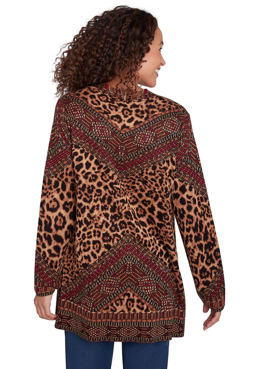 Womens Open Front Leopard Patchwork Jacquard Sweater