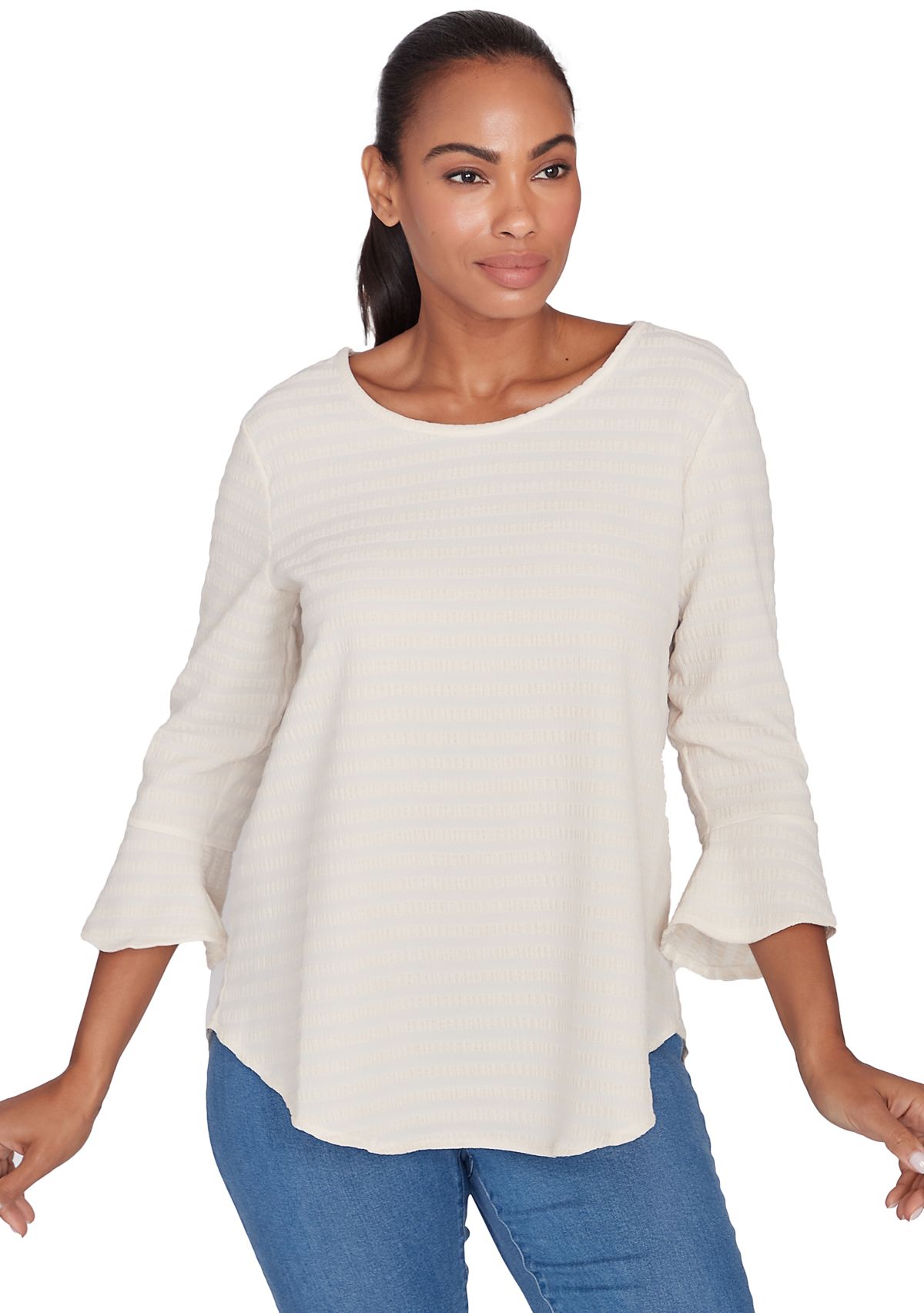 Womens Ballet Neck Luxe Smocked Top with Ruffle Sleeves