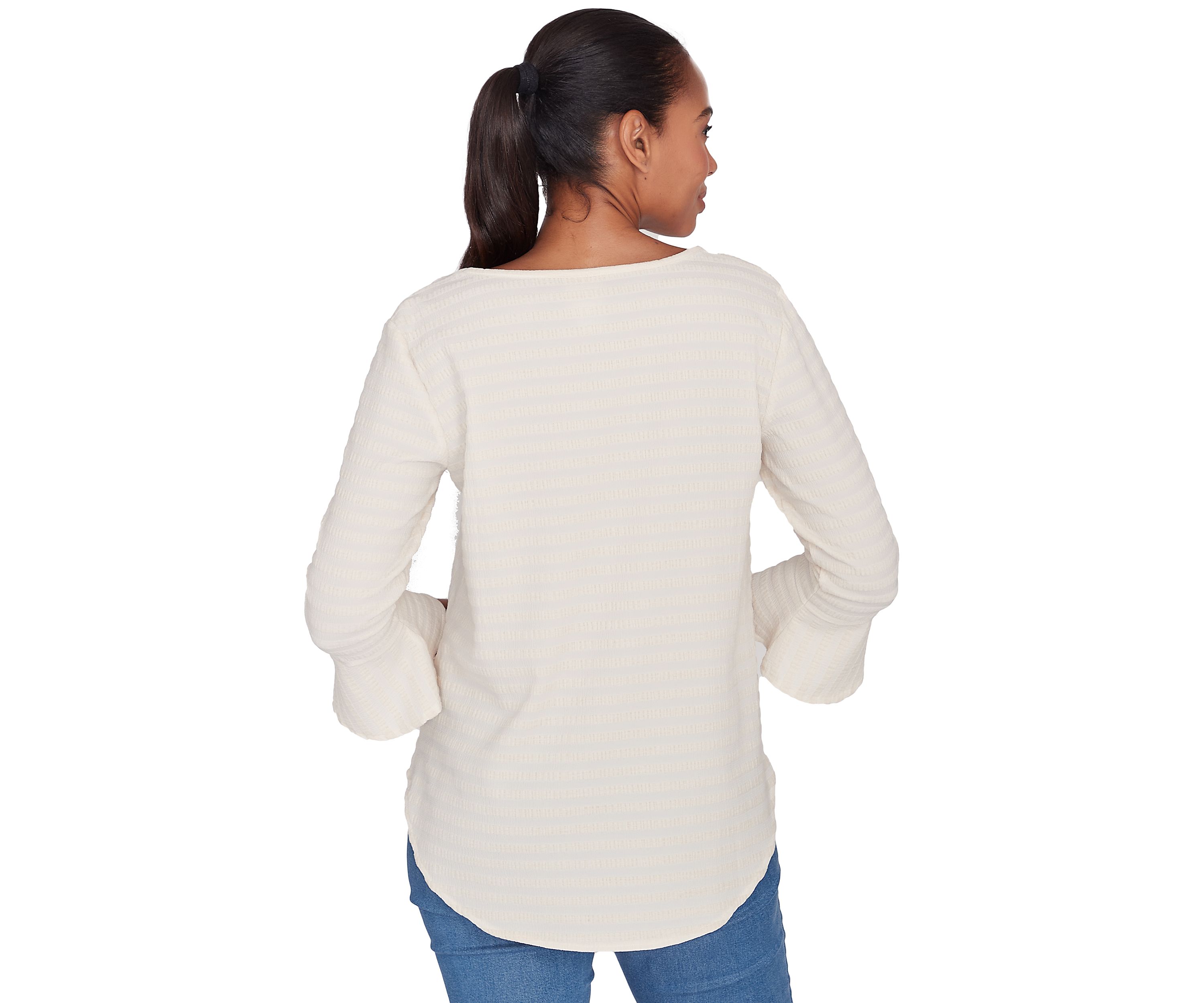 Womens Ballet Neck Luxe Smocked Top with Ruffle Sleeves