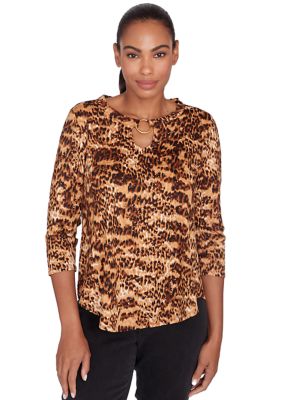 Ruby Rd Women's Split Neck With Ring Detail Brushed Animal Spots Printed Dew Drop Knit Top
