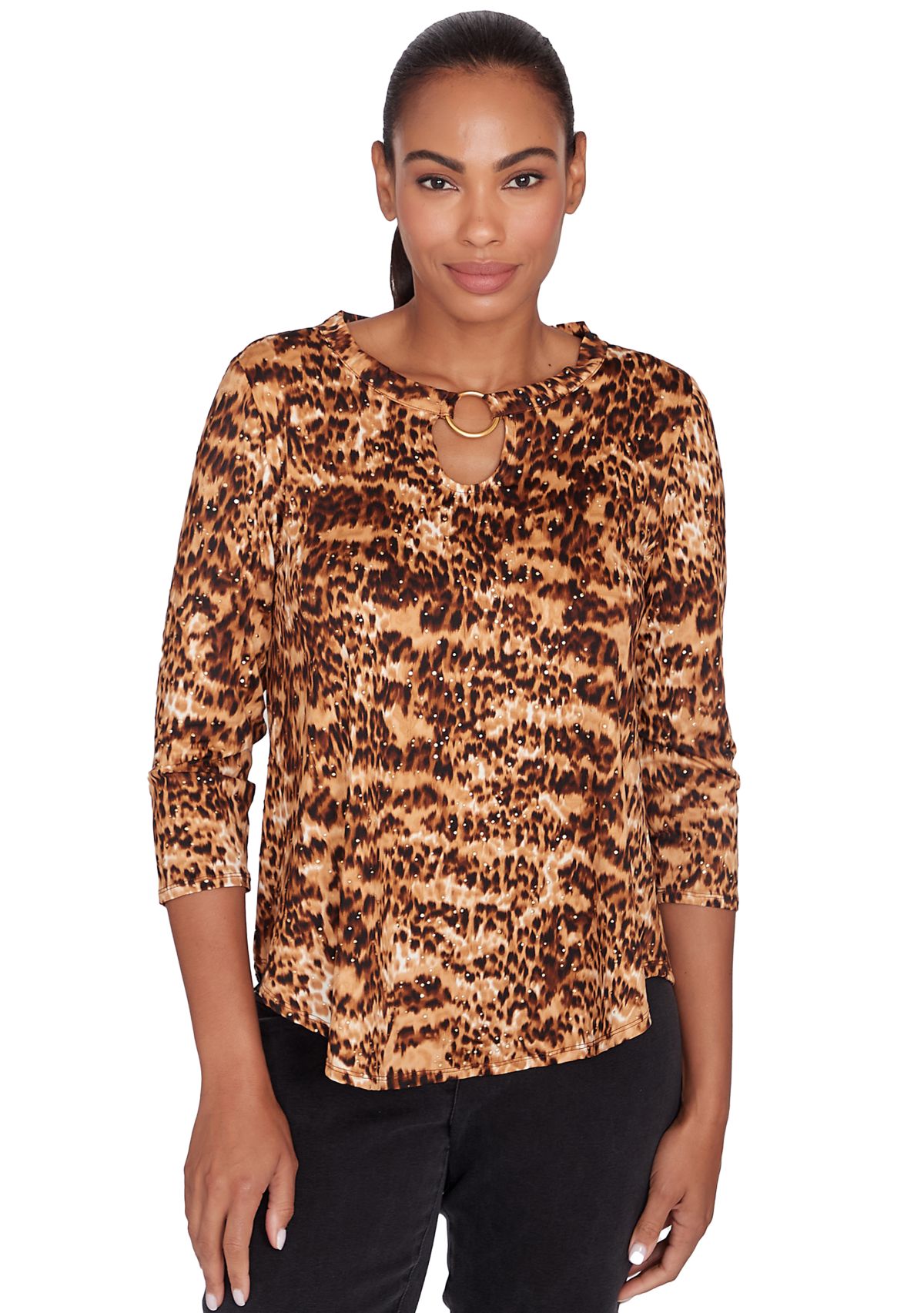 Womens Split Neck With Ring Detail Brushed Animal Spots Printed Dew Drop Knit Top