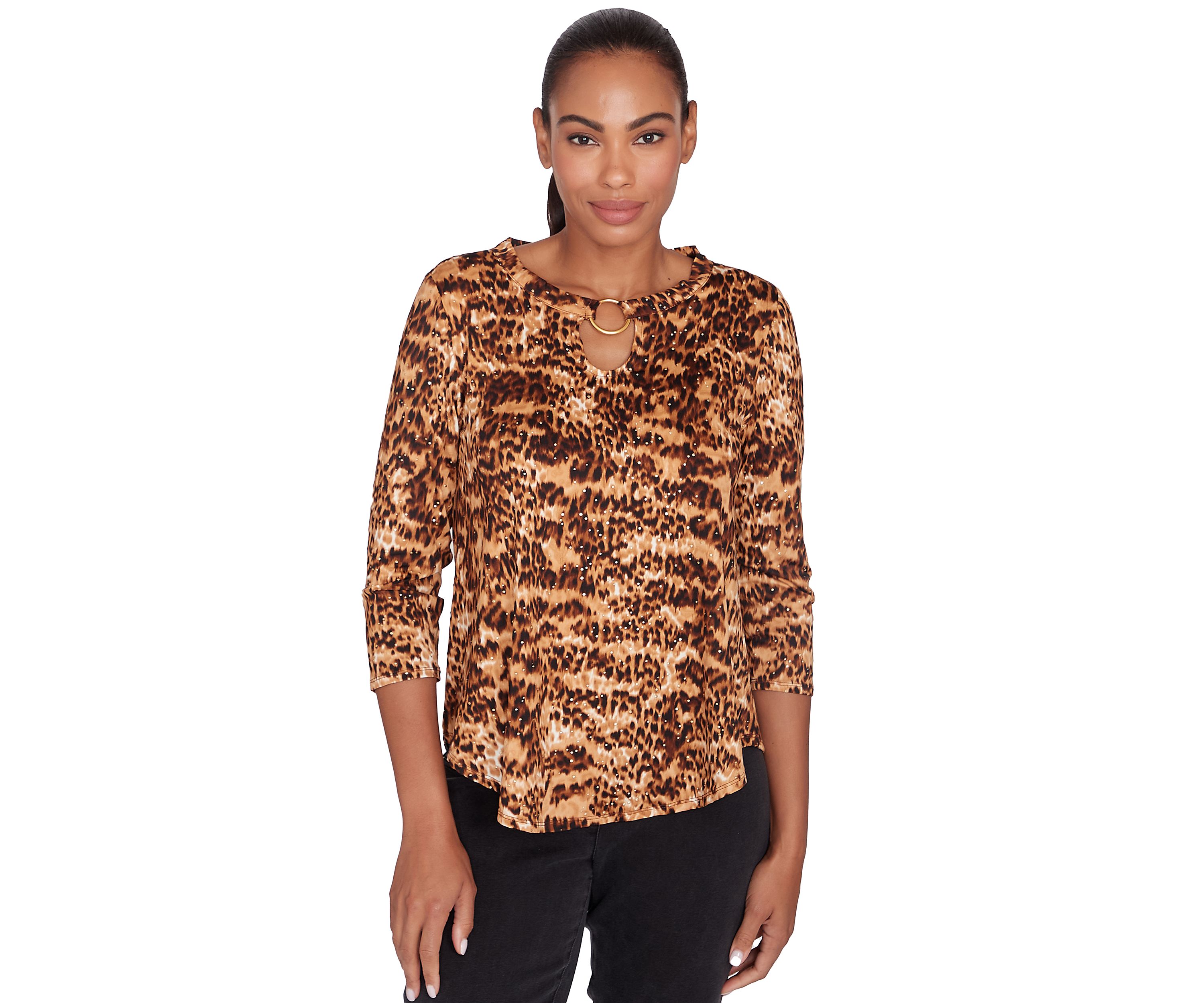 Womens Split Neck With Ring Detail Brushed Animal Spots Printed Dew Drop Knit Top