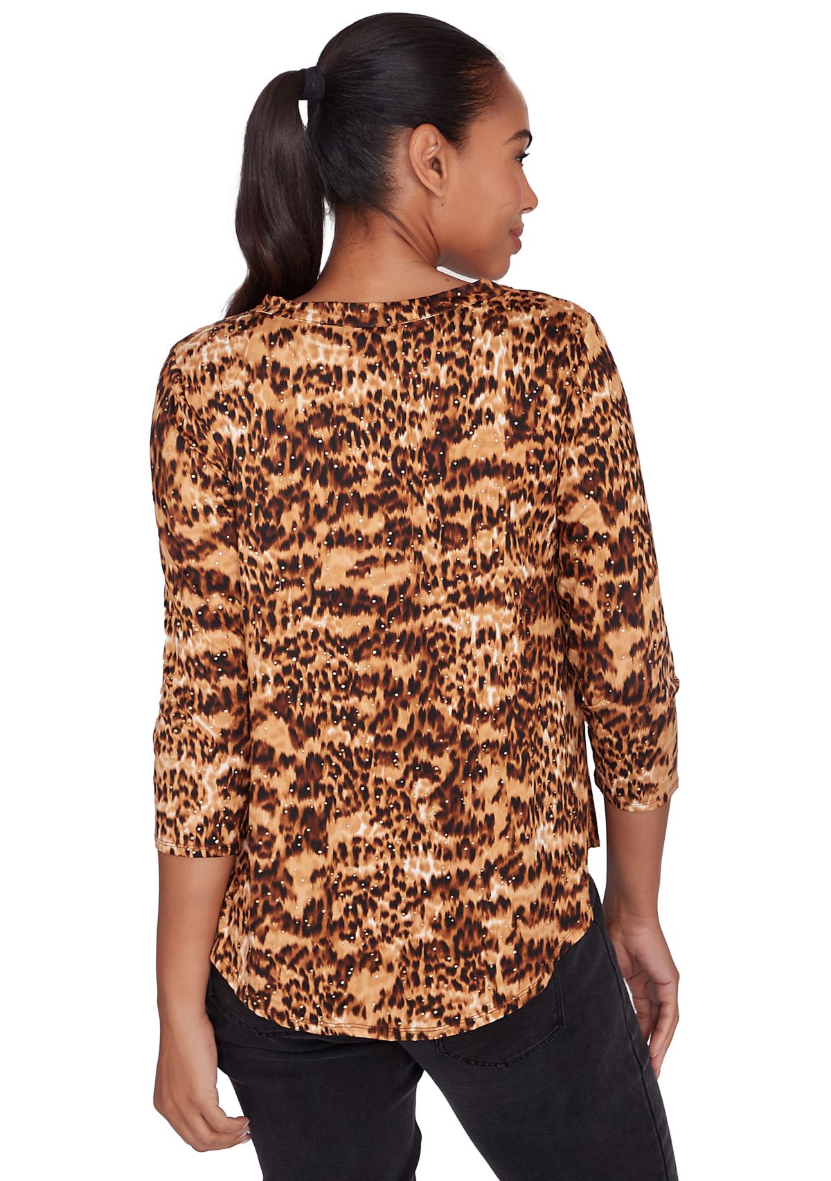 Womens Split Neck With Ring Detail Brushed Animal Spots Printed Dew Drop Knit Top