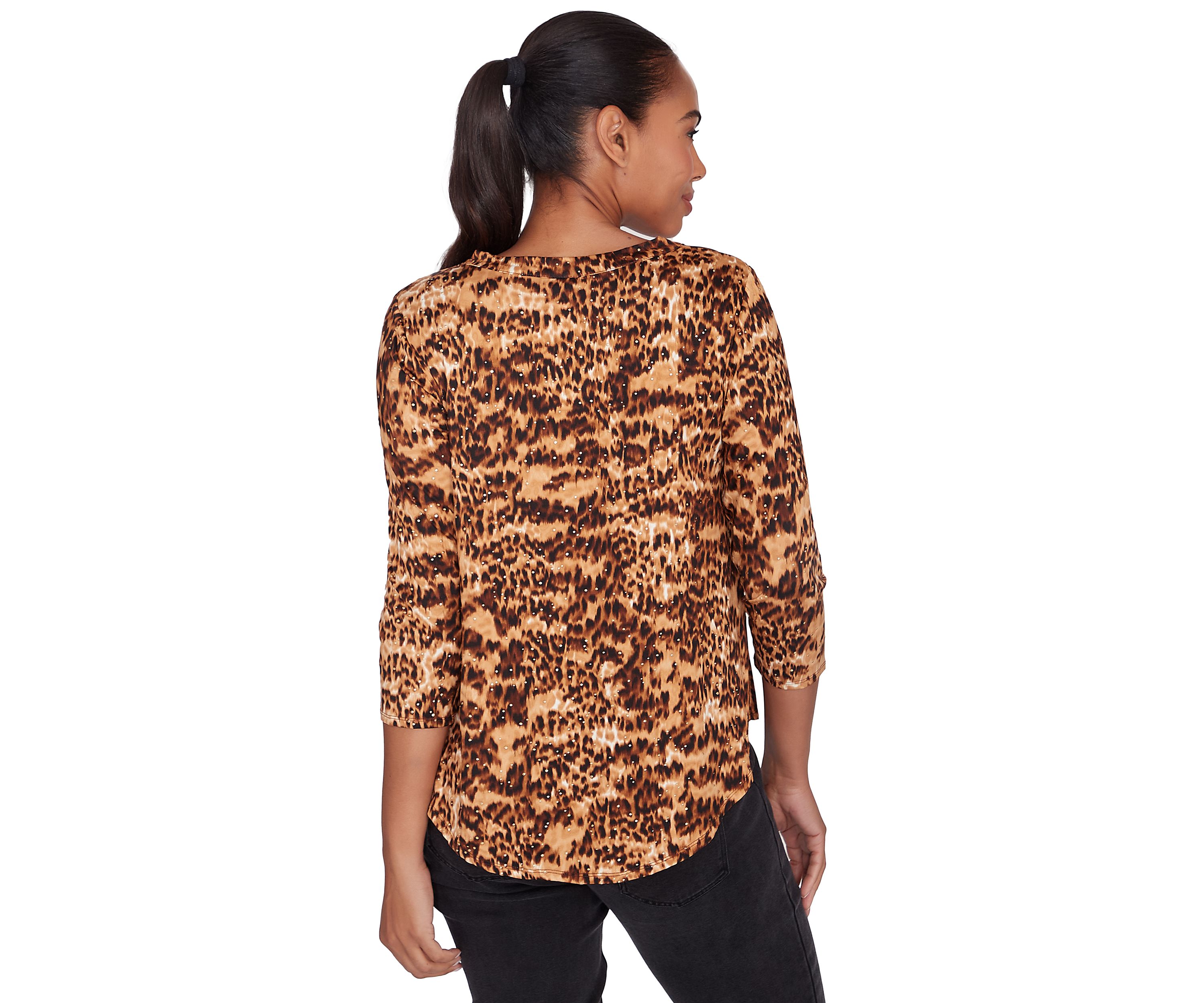 Womens Split Neck With Ring Detail Brushed Animal Spots Printed Dew Drop Knit Top
