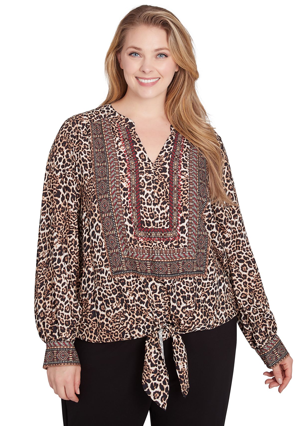 Plus Size Split Neck Embellished Animal Placement Print Tie Front Top