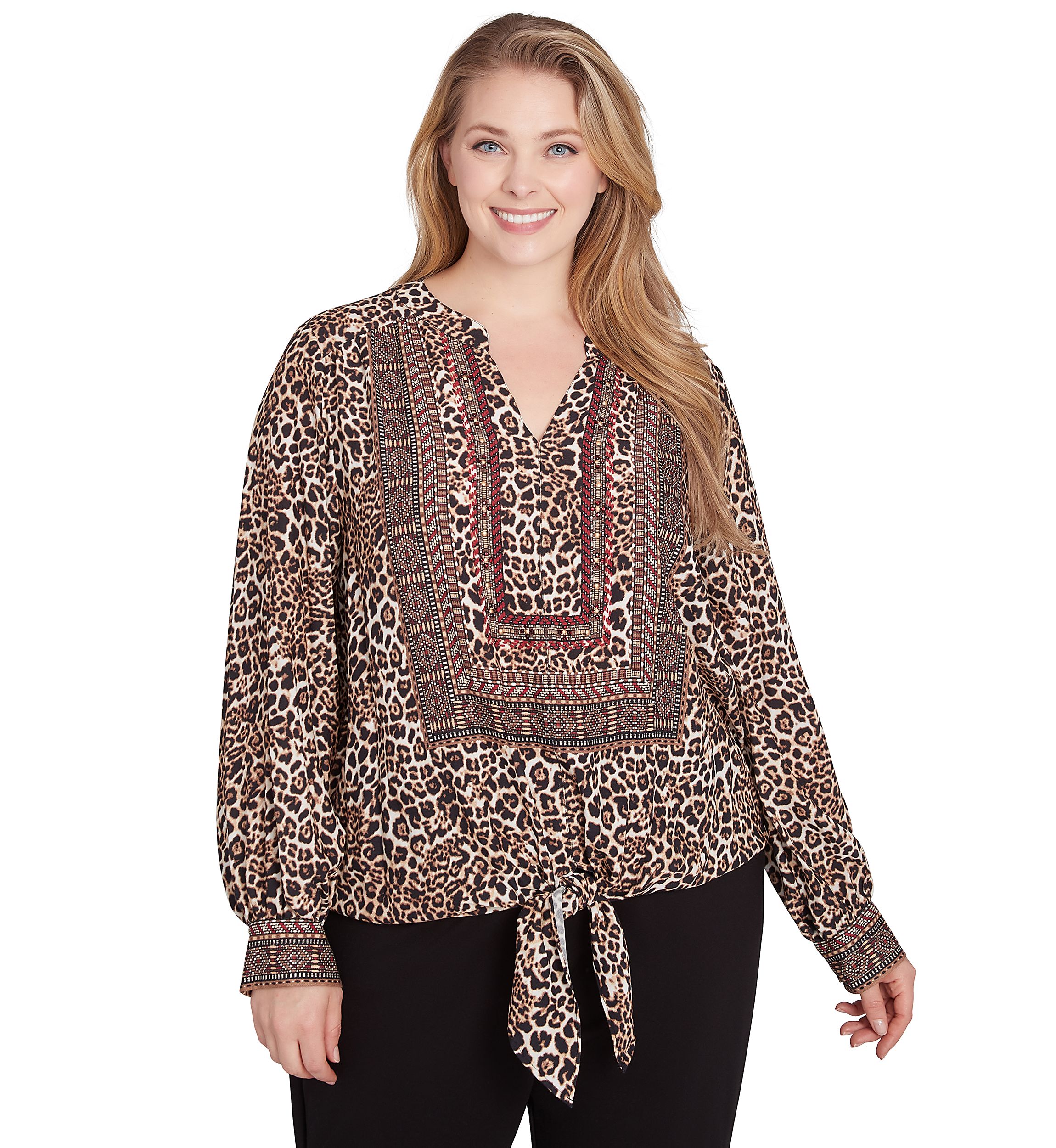 Plus Size Split Neck Embellished Animal Placement Print Tie Front Top