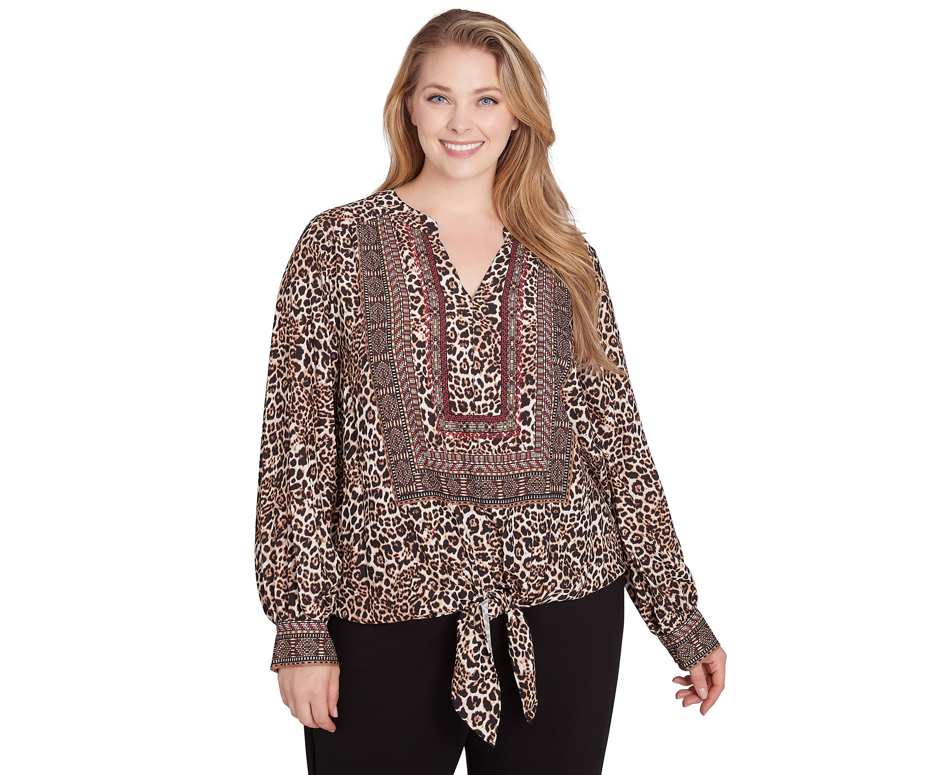 Plus Size Split Neck Embellished Animal Placement Print Tie Front Top