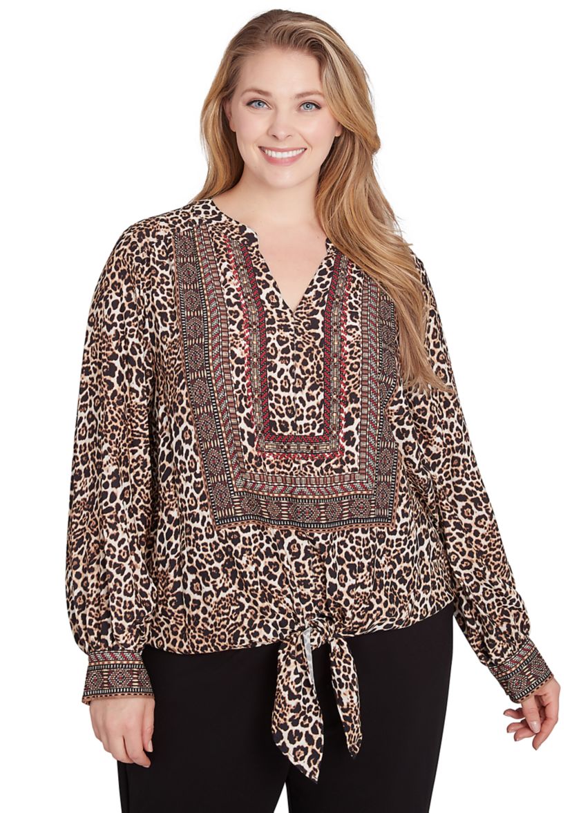 Plus Size Split Neck Embellished Animal Placement Print Tie Front Top