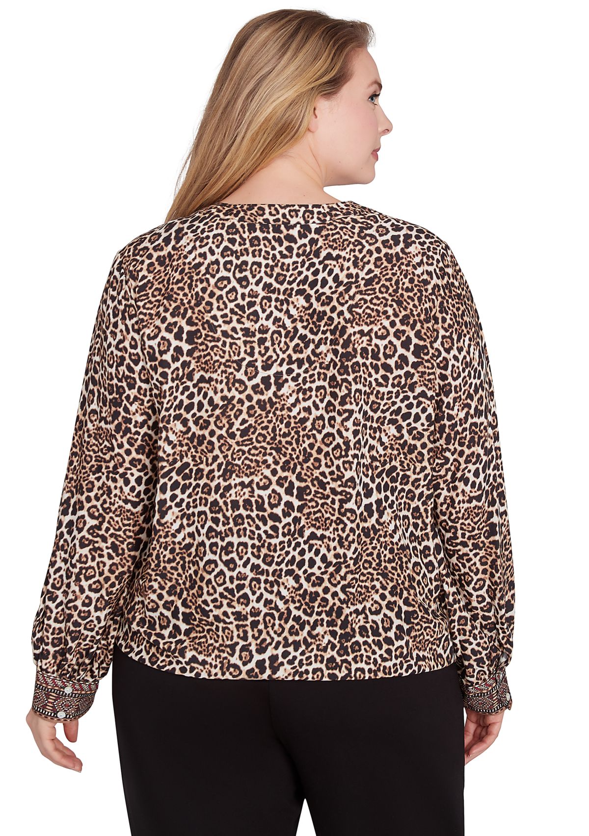 Plus Size Split Neck Embellished Animal Placement Print Tie Front Top