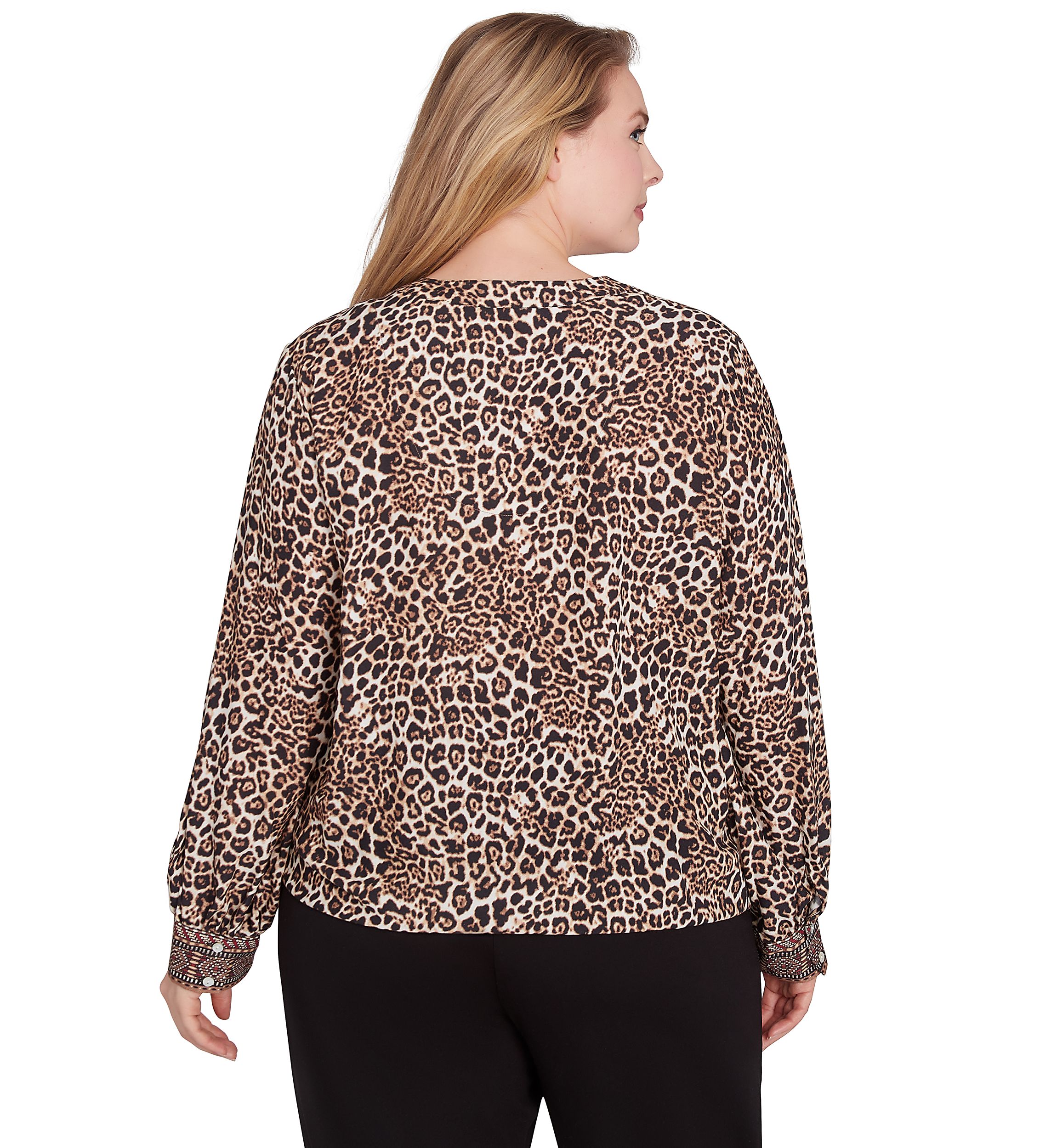 Plus Size Split Neck Embellished Animal Placement Print Tie Front Top