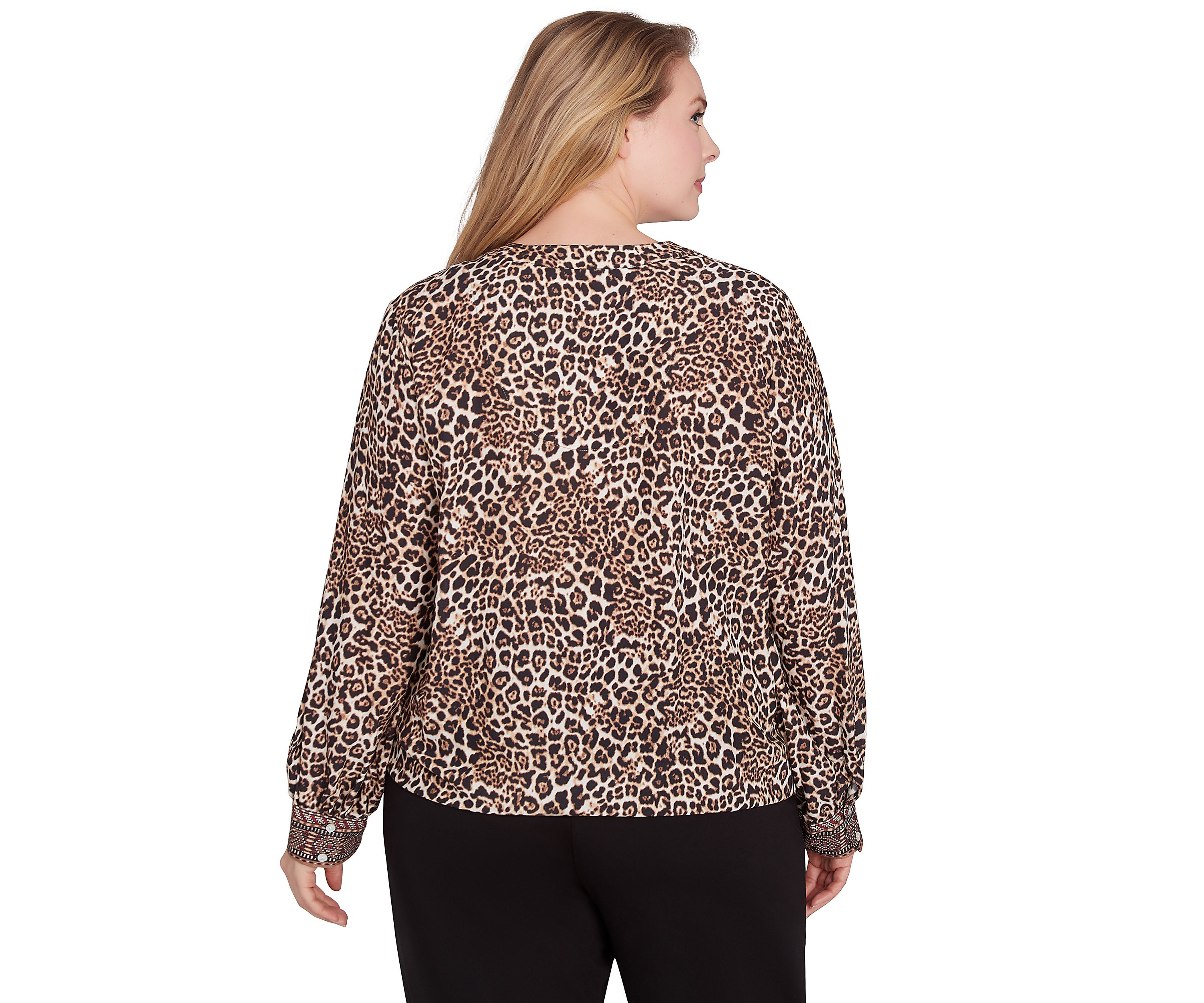 Plus Size Split Neck Embellished Animal Placement Print Tie Front Top