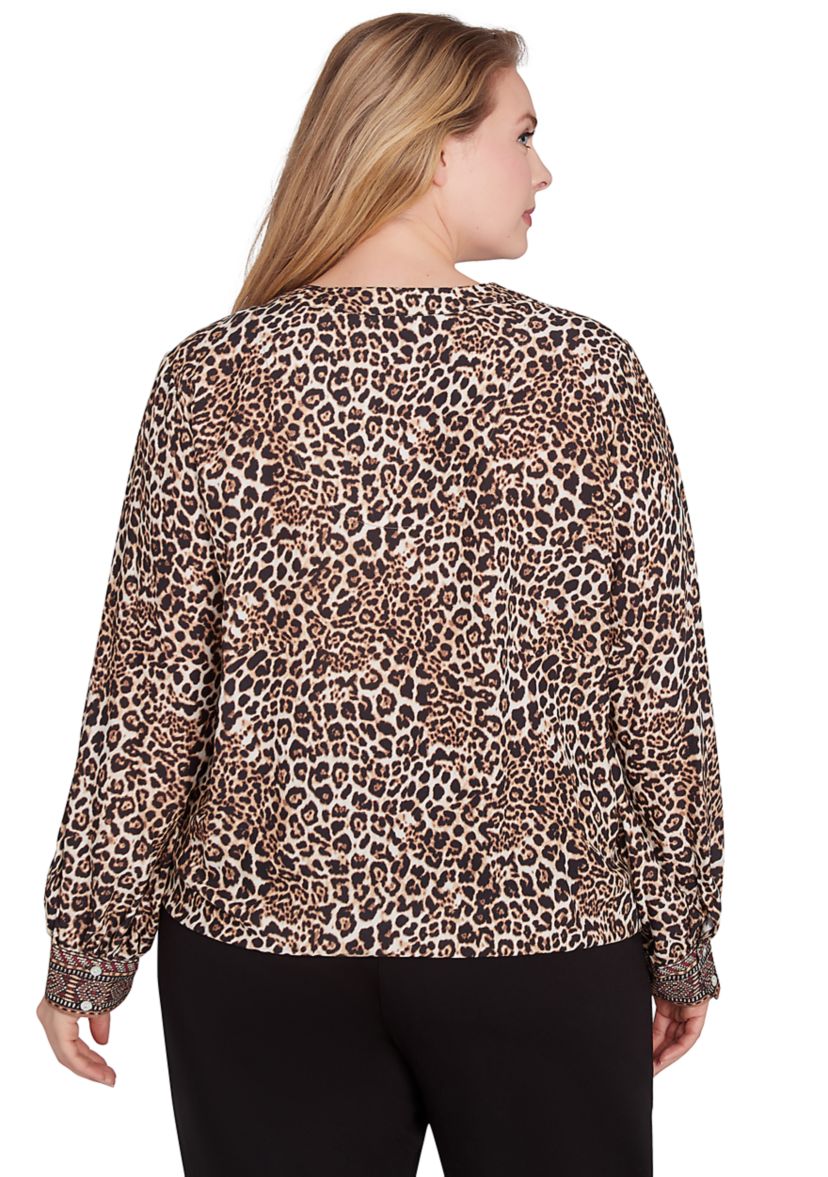 Plus Size Split Neck Embellished Animal Placement Print Tie Front Top