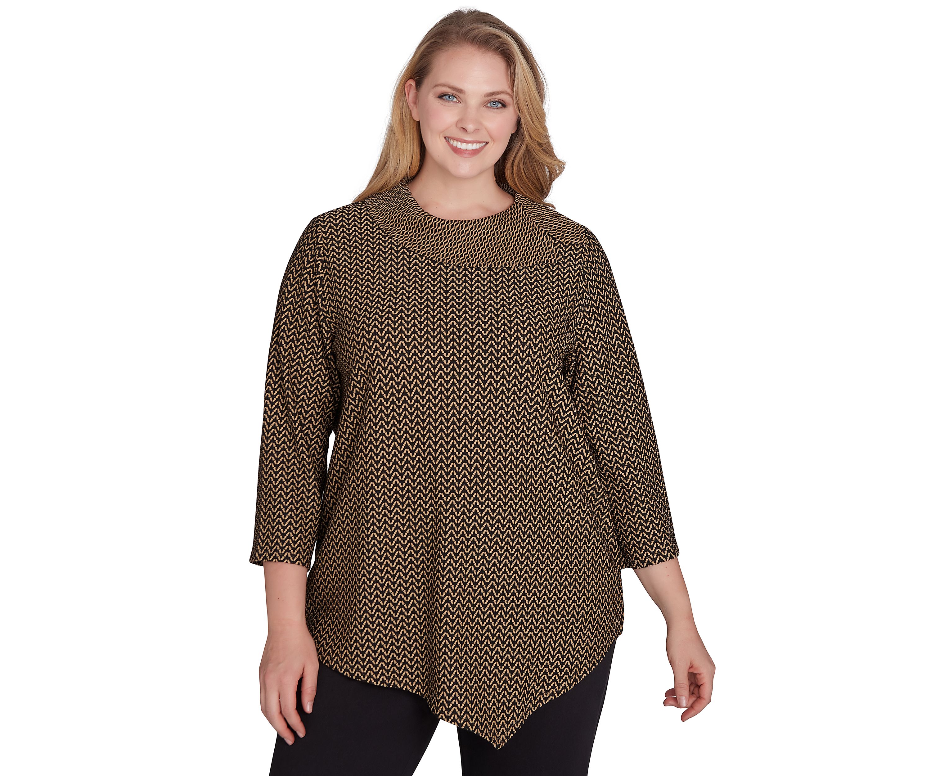 Plus Size Split Cowl Neck Textured Herringbone Jacquard Knit Top
