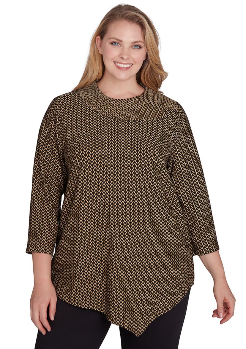 Plus Size Split Cowl Neck Textured Herringbone Jacquard Knit Top
