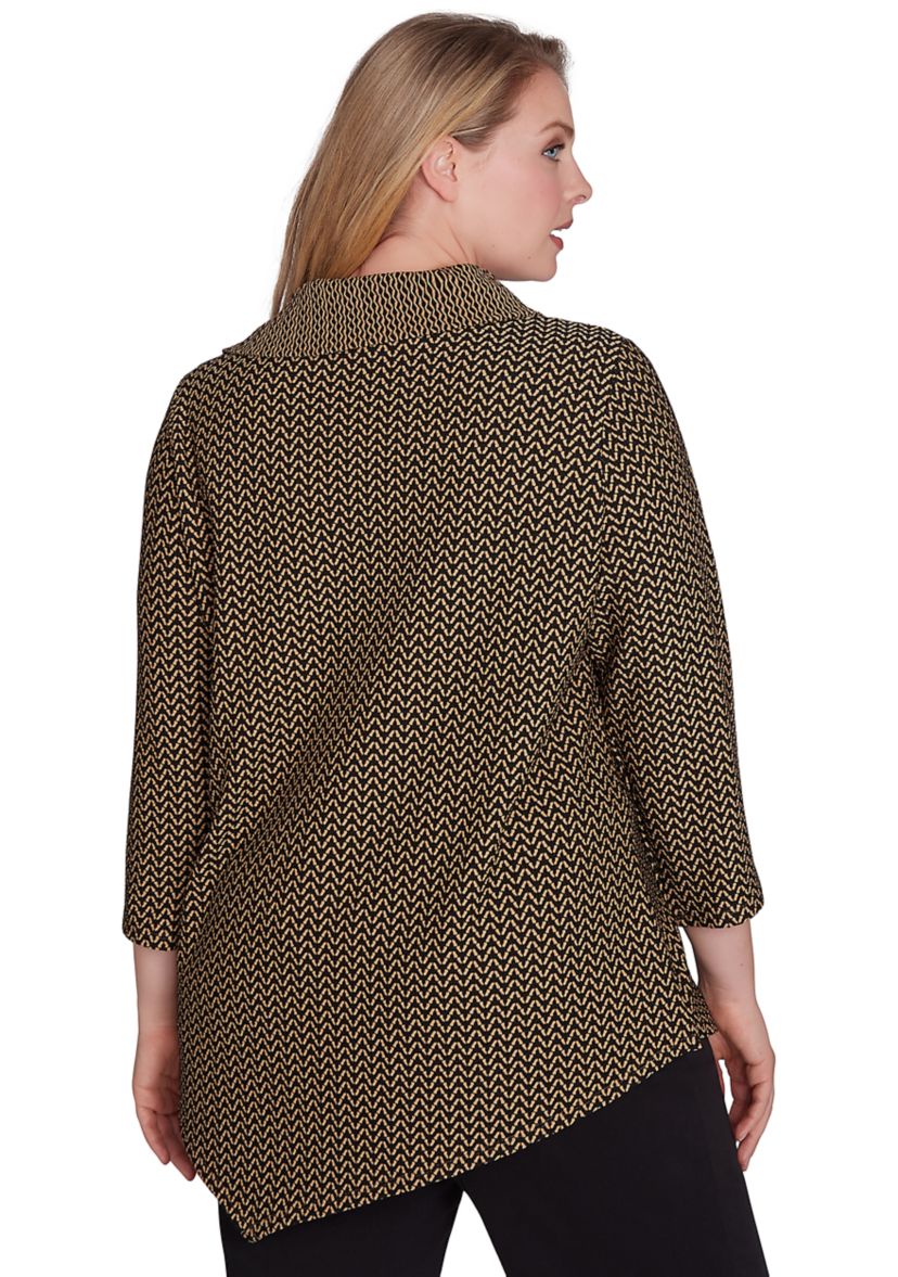 Plus Size Split Cowl Neck Textured Herringbone Jacquard Knit Top