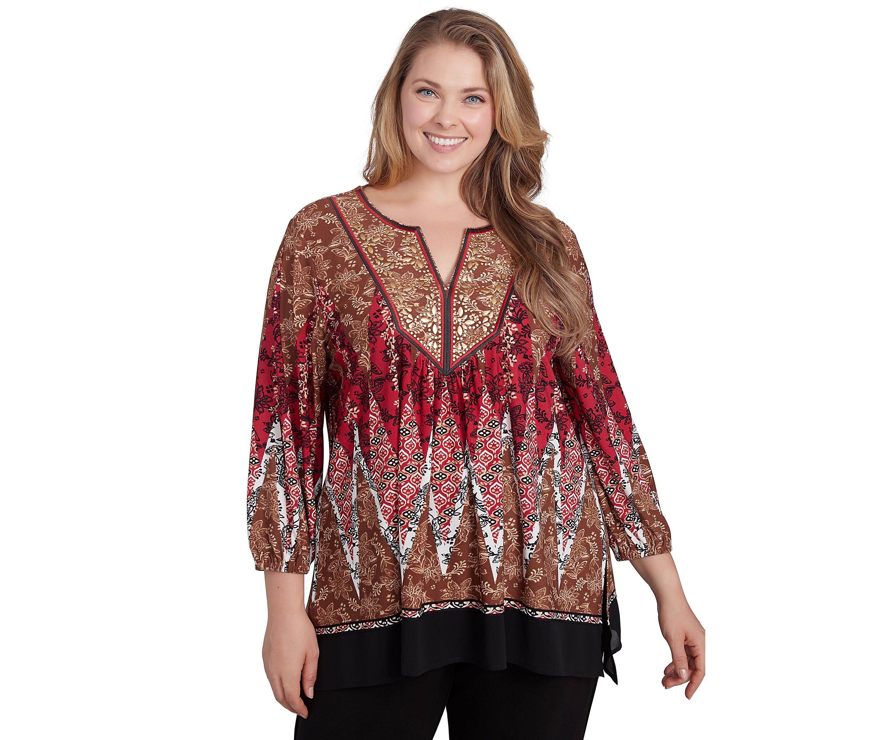 Plus Size Embellished Placket Decorative Border Print Knit Top with Three Quarter Balloon Sleeve