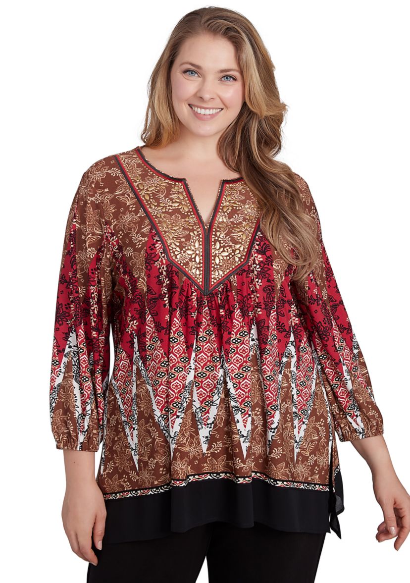 Plus Size Embellished Placket Decorative Border Print Knit Top with Three Quarter Balloon Sleeve
