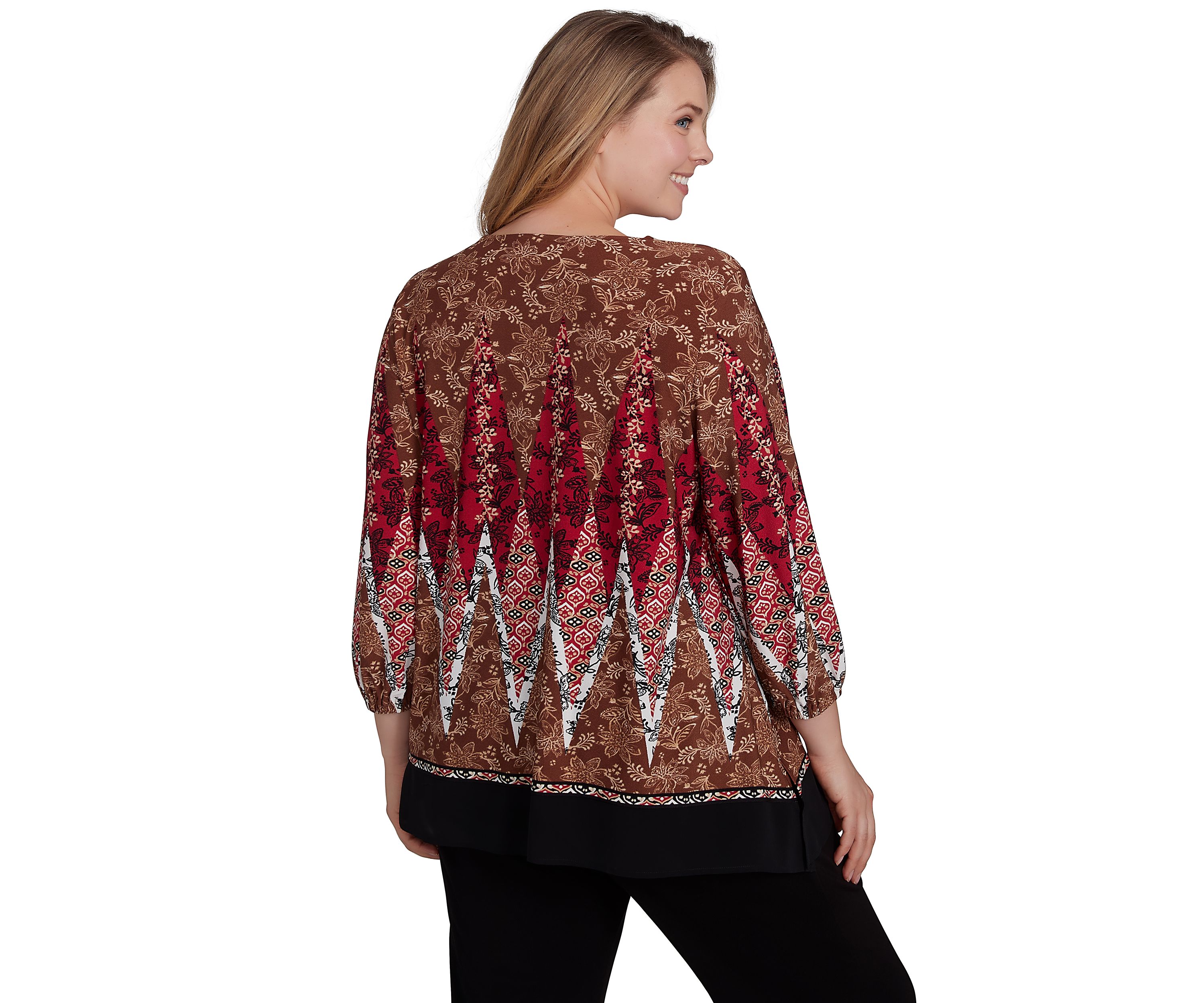 Plus Size Embellished Placket Decorative Border Print Knit Top with Three Quarter Balloon Sleeve