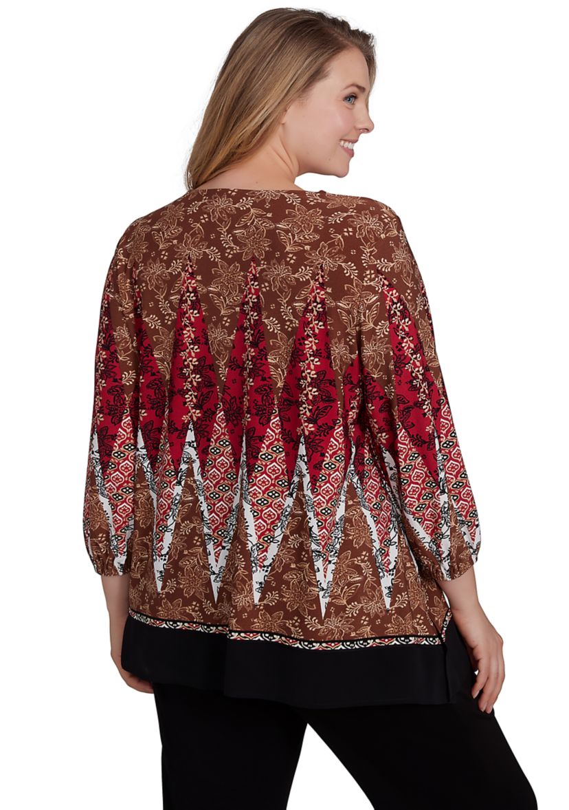Plus Size Embellished Placket Decorative Border Print Knit Top with Three Quarter Balloon Sleeve