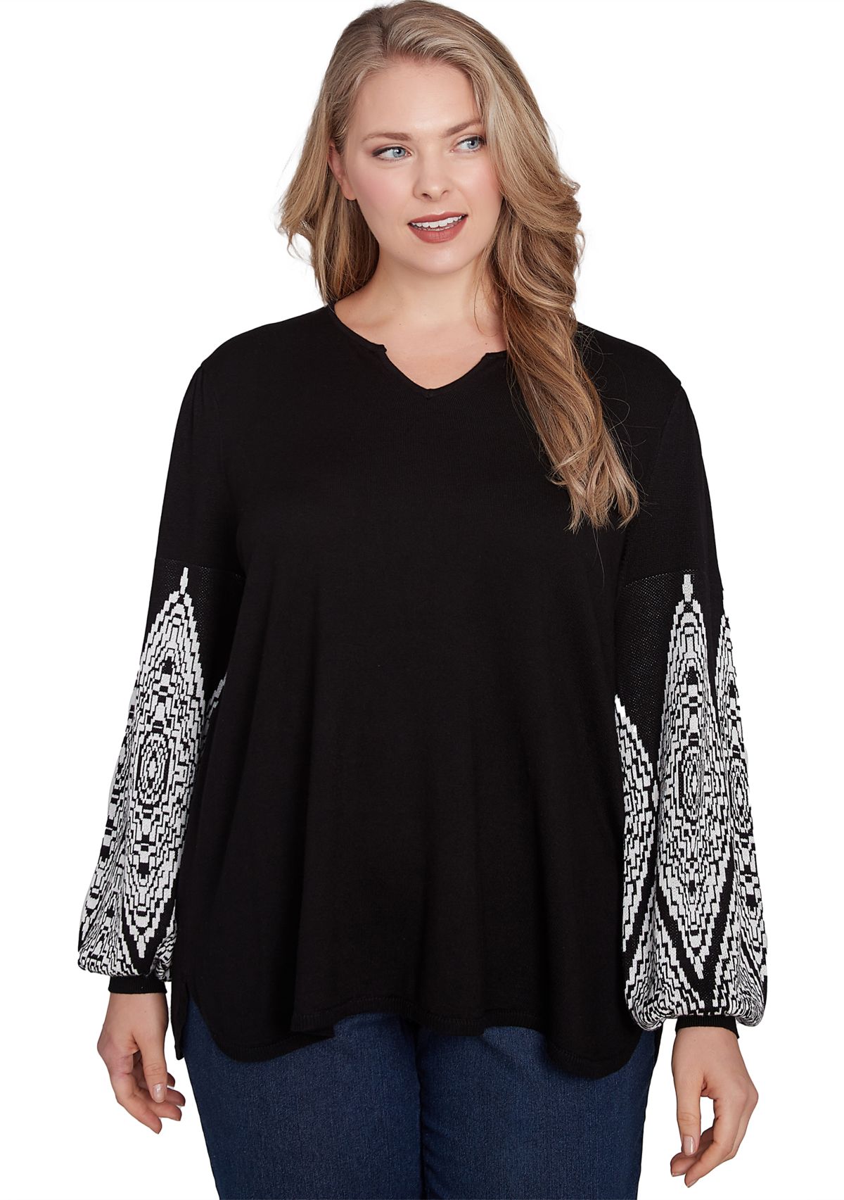 Plus Size Split Neck Fine Gauge Pullover Sweater with Diamond Patterned Sleeves