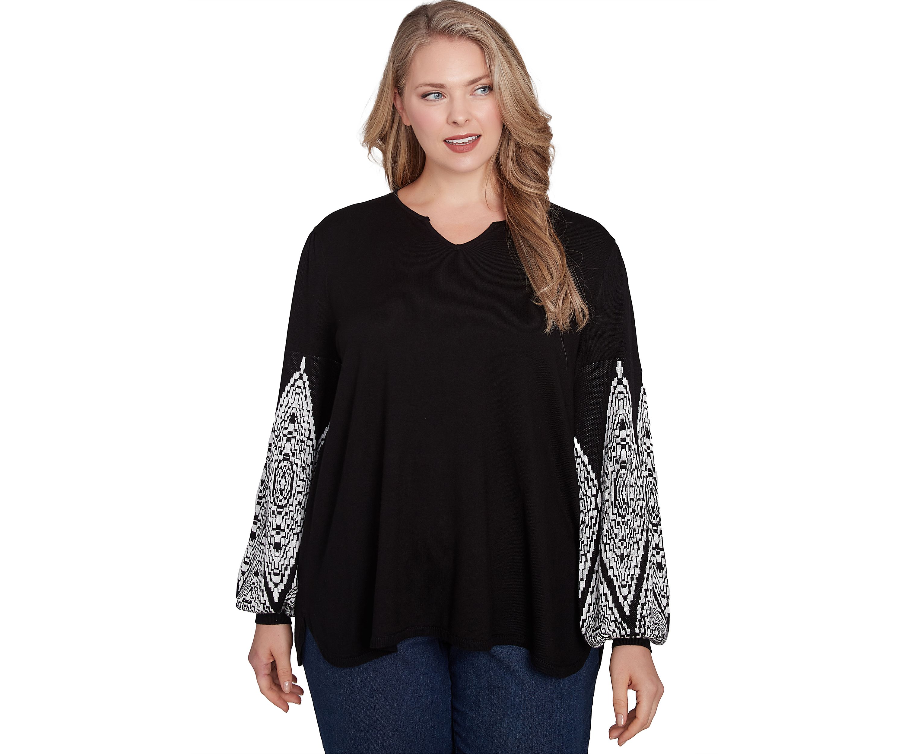 Plus Size Split Neck Fine Gauge Pullover Sweater with Diamond Patterned Sleeves