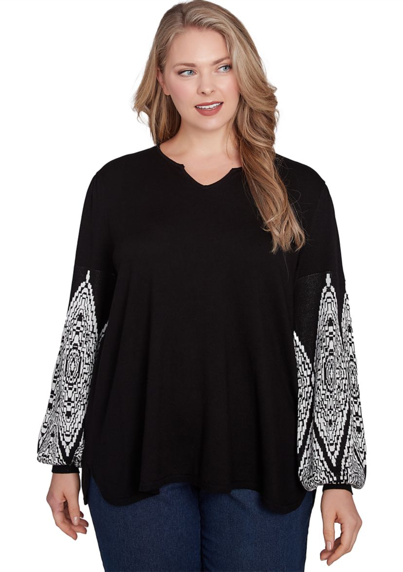 Plus Size Split Neck Fine Gauge Pullover Sweater with Diamond Patterned Sleeves