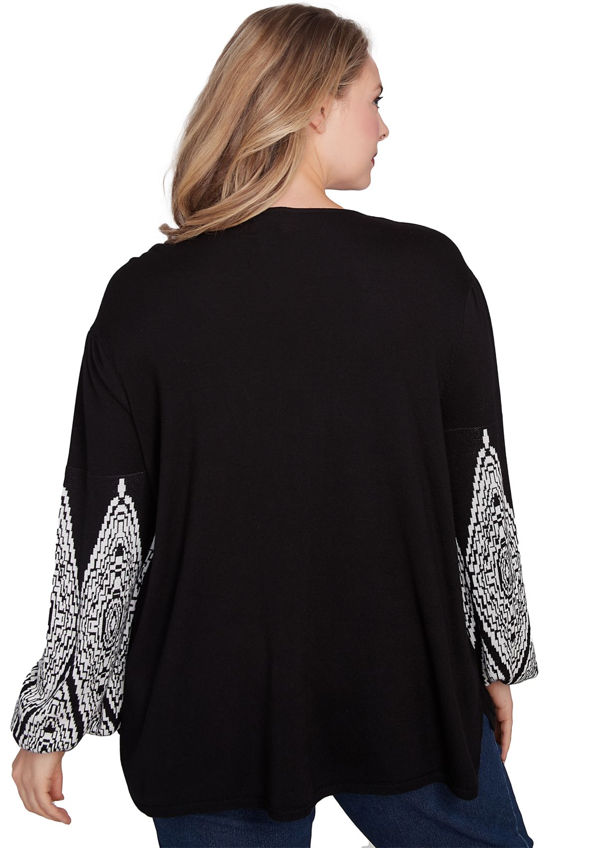 Plus Size Split Neck Fine Gauge Pullover Sweater with Diamond Patterned Sleeves