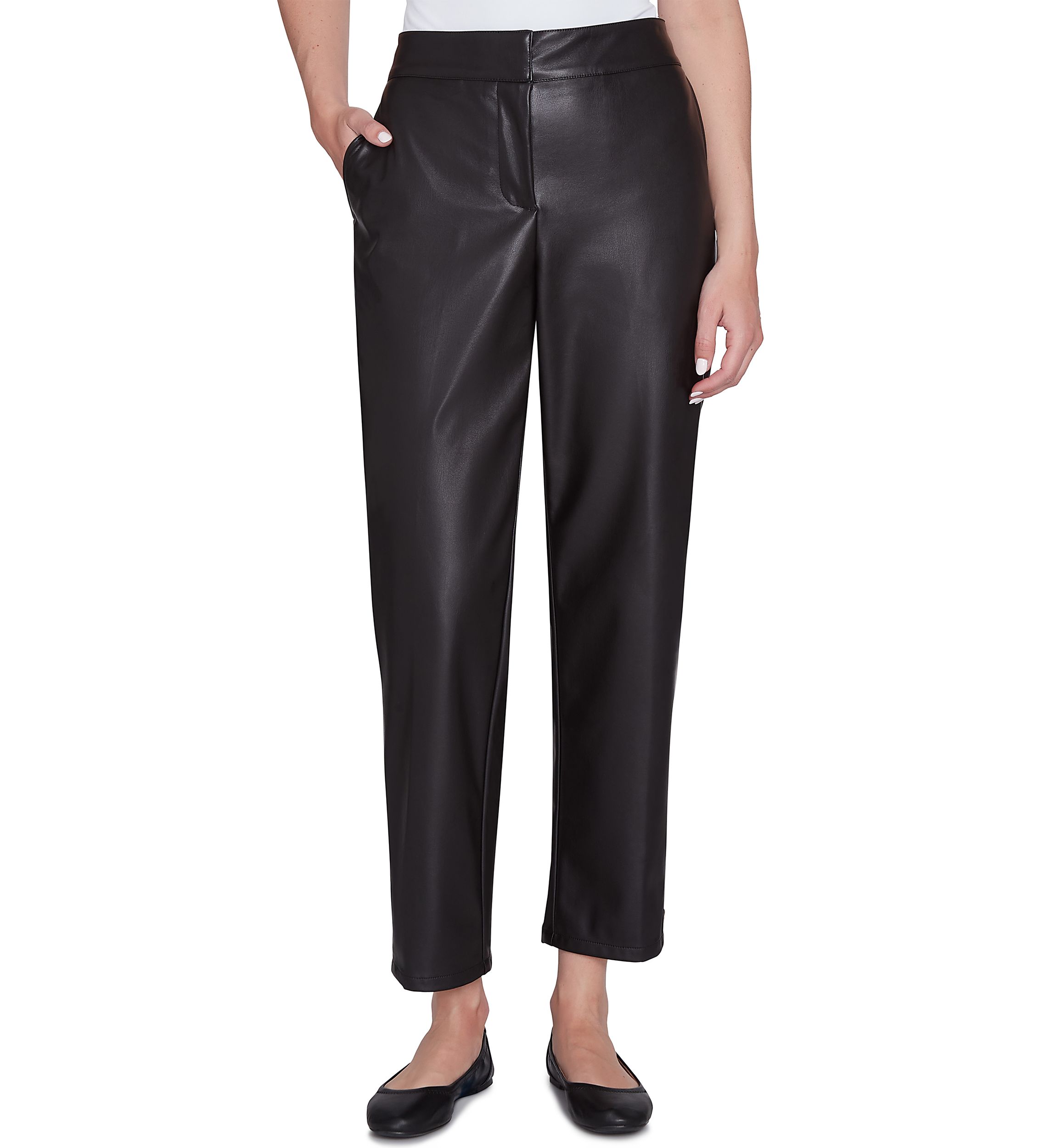 Petite Fly Front Faux Leather Ankle Pants with Pockets