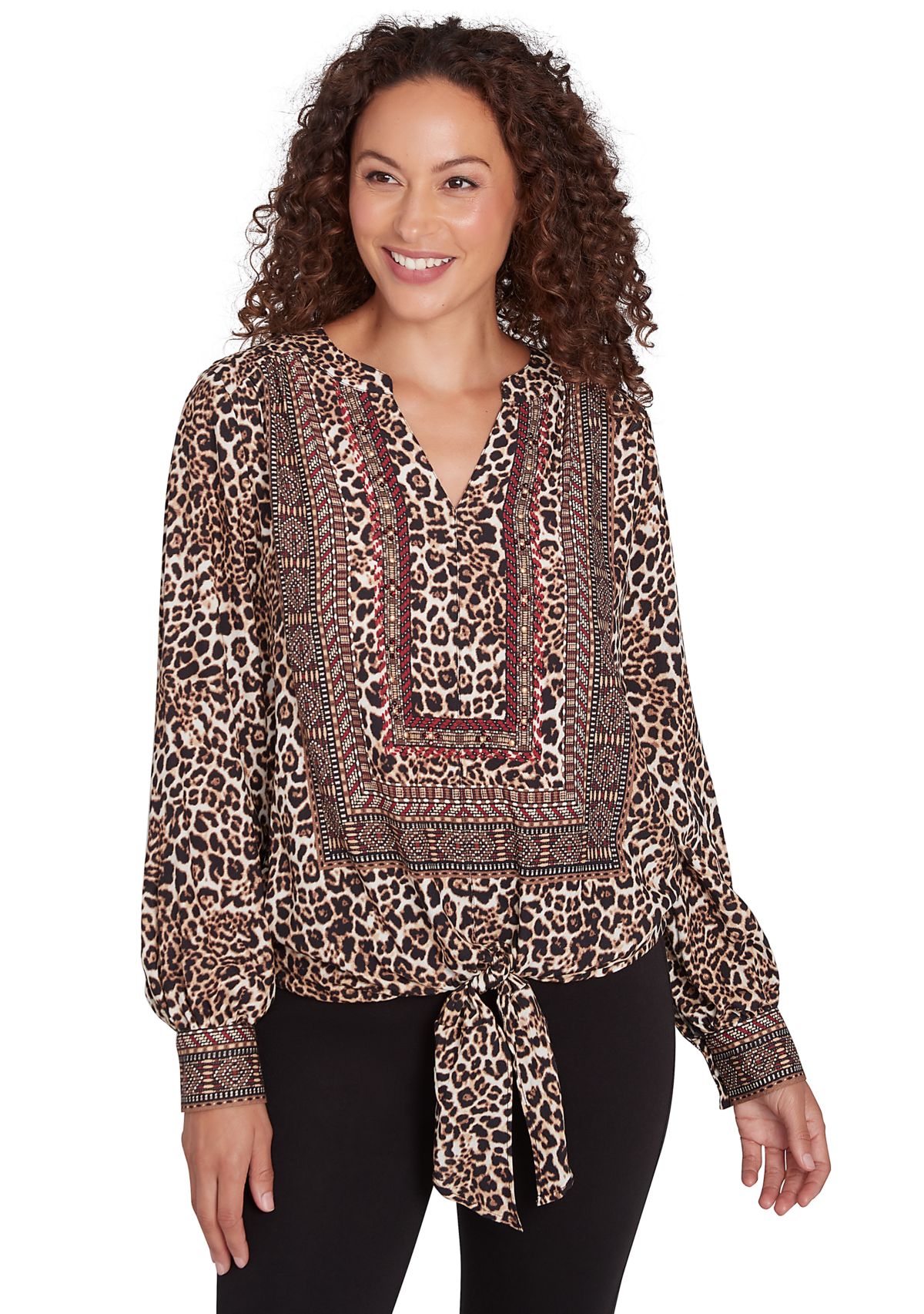 Petite Split Neck Embellished Animal Placement Print Tie Front Top