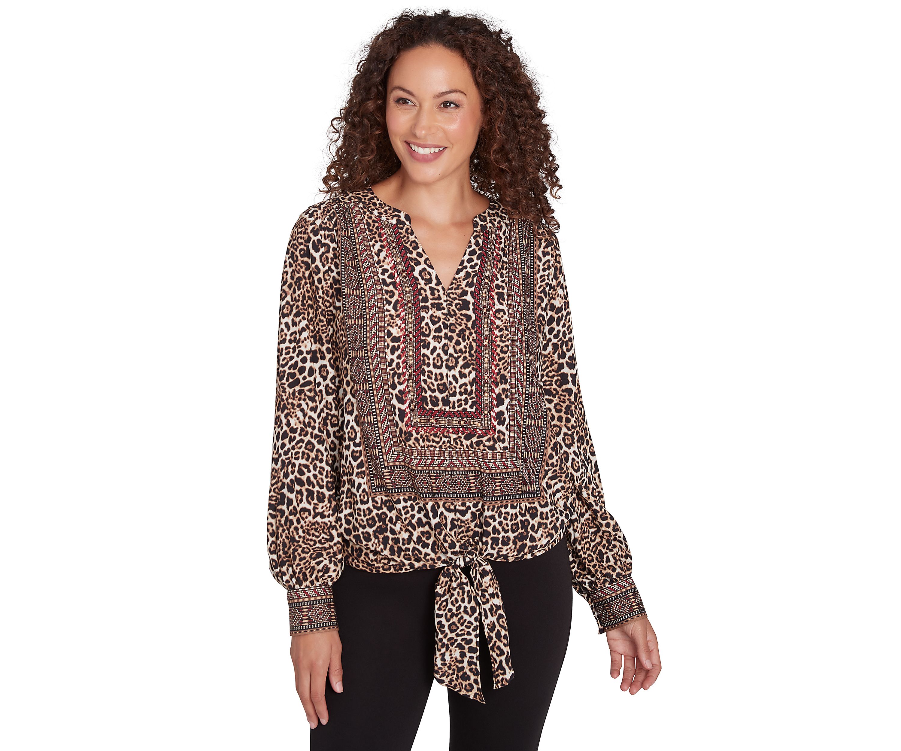 Petite Split Neck Embellished Animal Placement Print Tie Front Top