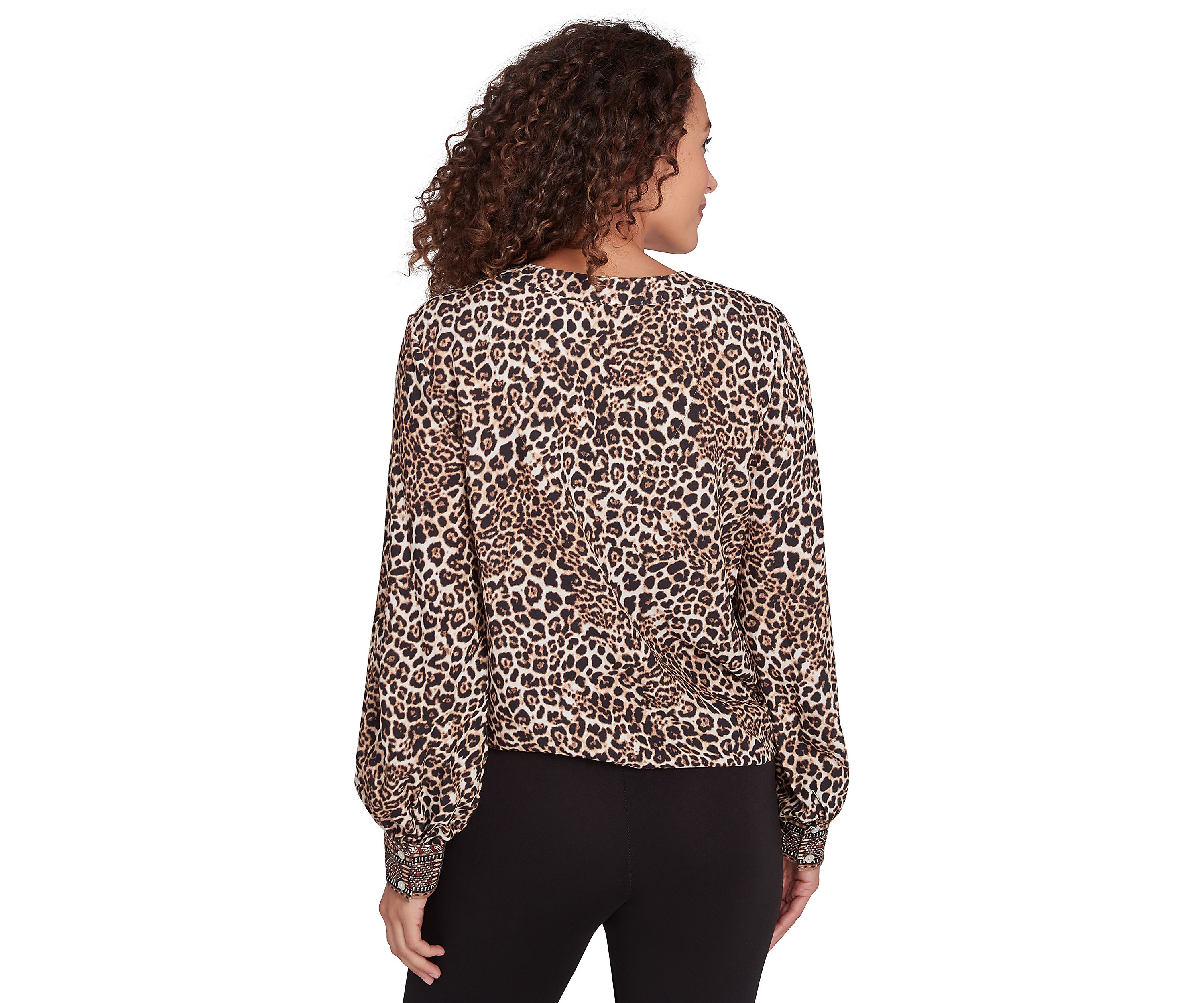 Petite Split Neck Embellished Animal Placement Print Tie Front Top