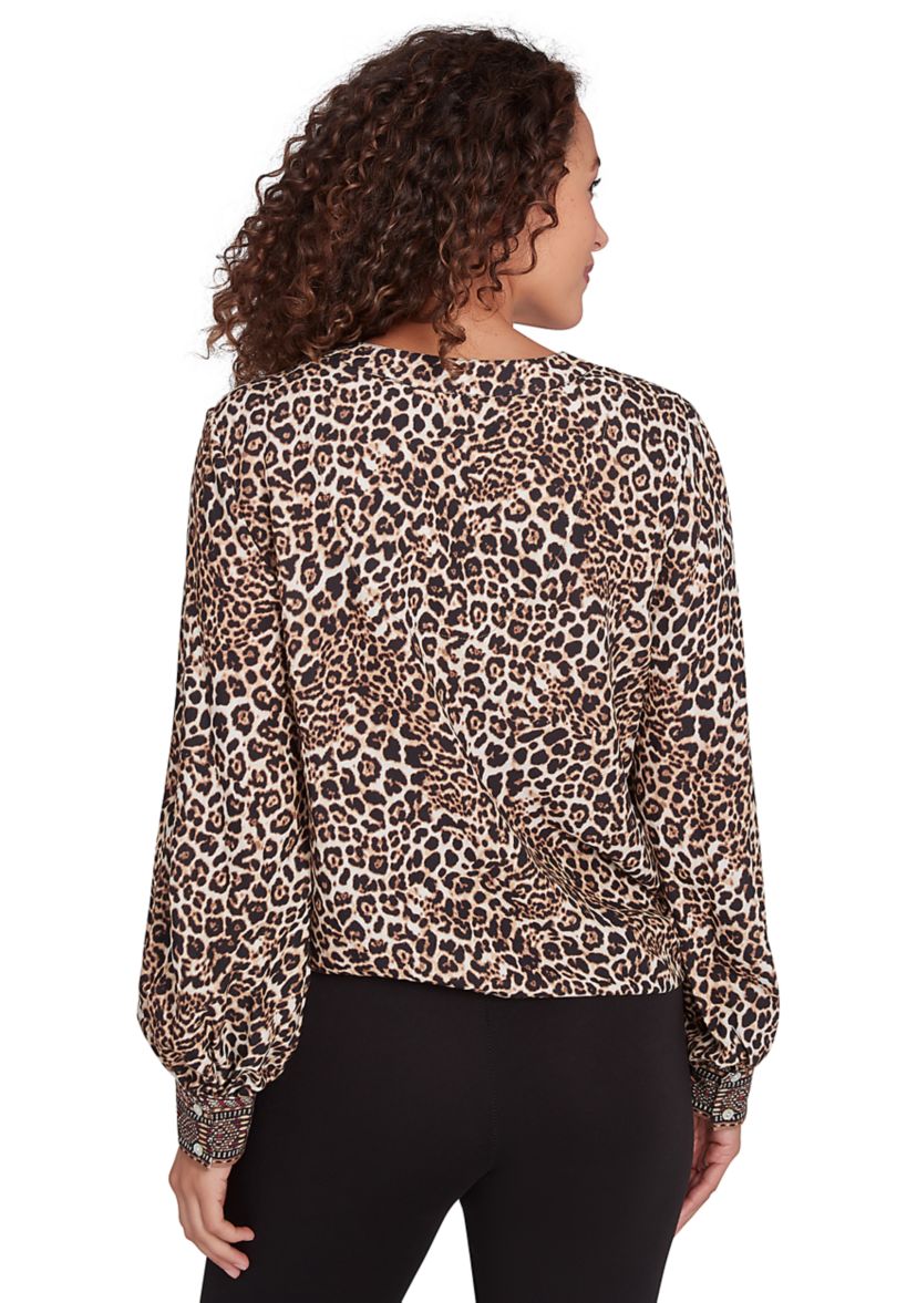 Petite Split Neck Embellished Animal Placement Print Tie Front Top