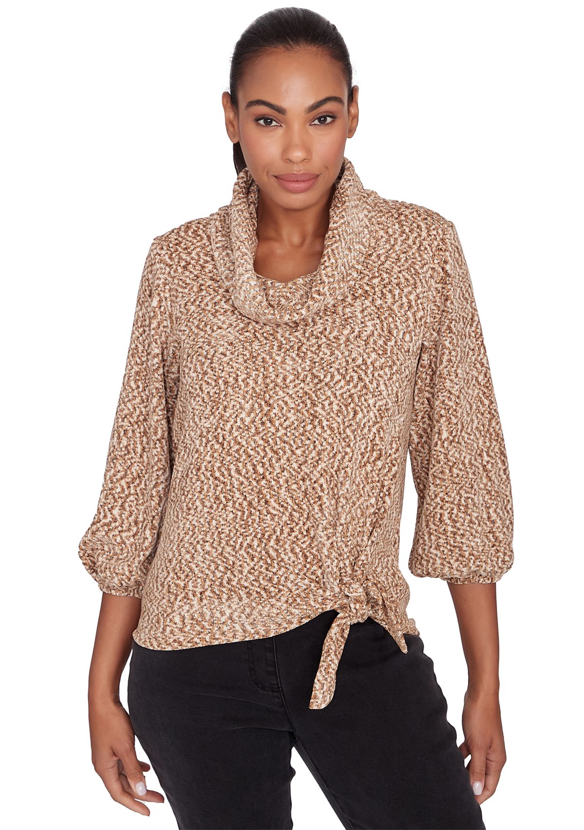 Petite Cowl Neck Space Dyed Chenille Top with Side Tie and Balloon Sleeves