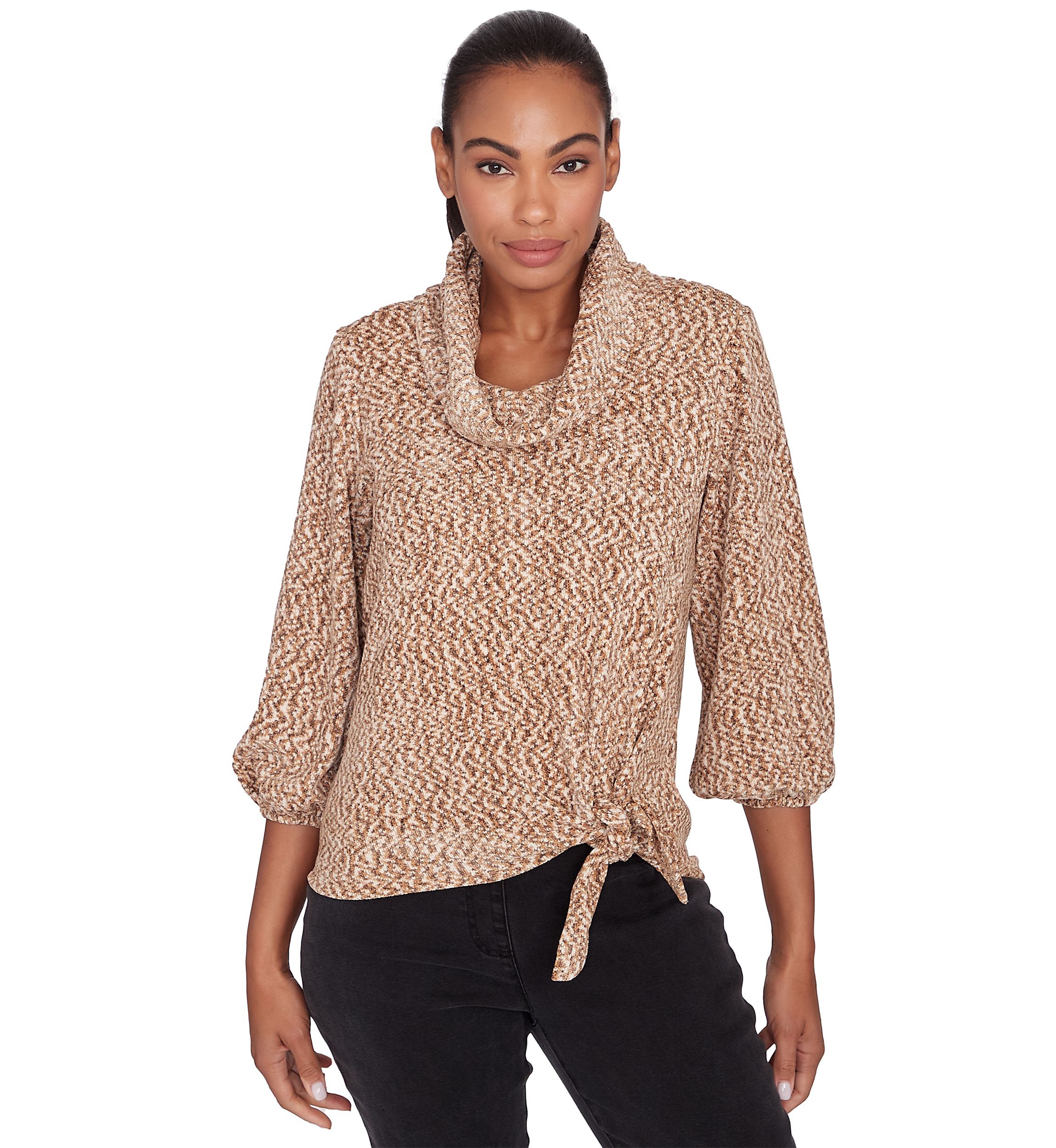 Petite Cowl Neck Space Dyed Chenille Top with Side Tie and Balloon Sleeves