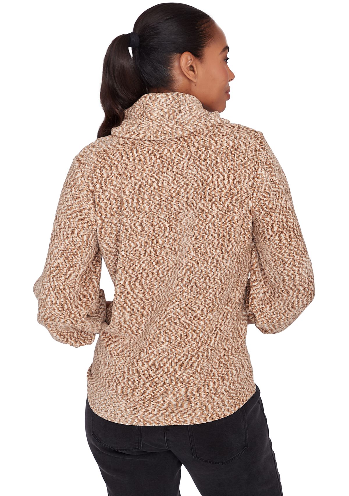 Petite Cowl Neck Space Dyed Chenille Top with Side Tie and Balloon Sleeves