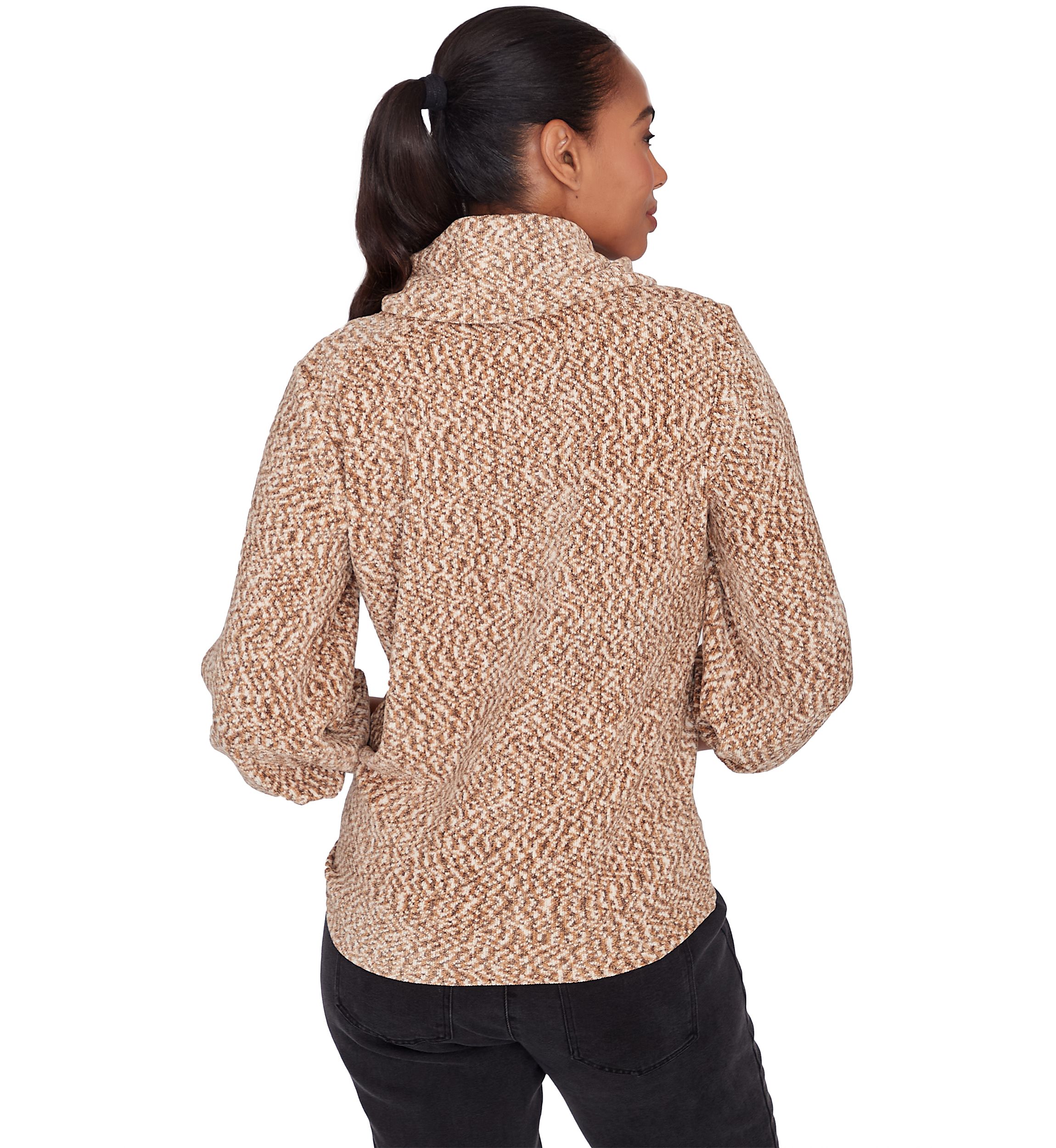 Petite Cowl Neck Space Dyed Chenille Top with Side Tie and Balloon Sleeves
