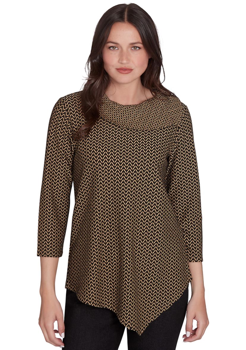 Petite Split Cowl Neck Textured Herringbone Jacquard Knit Top