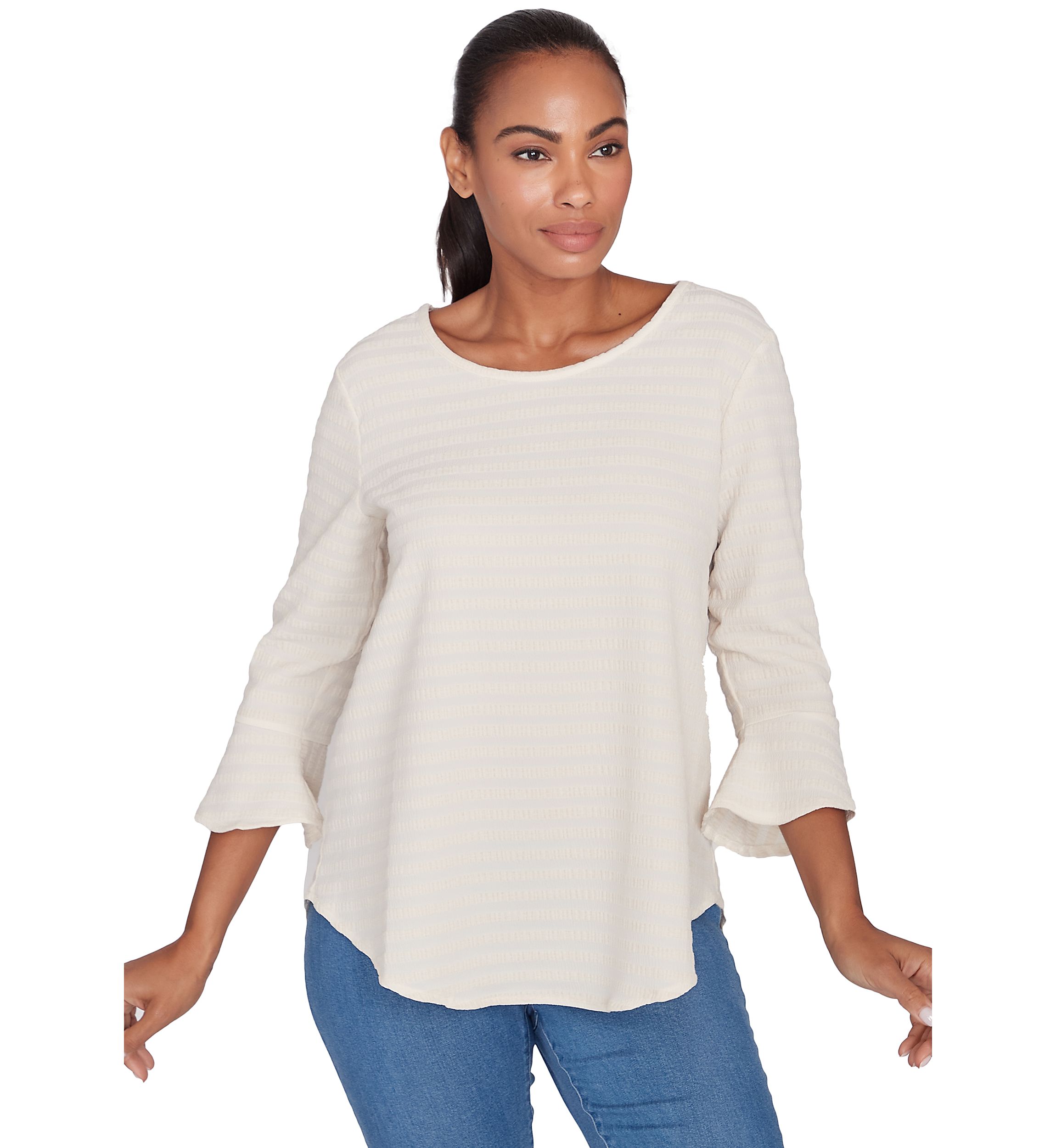 Petite Ballet Neck Luxe Smocked Top with Ruffle Sleeves