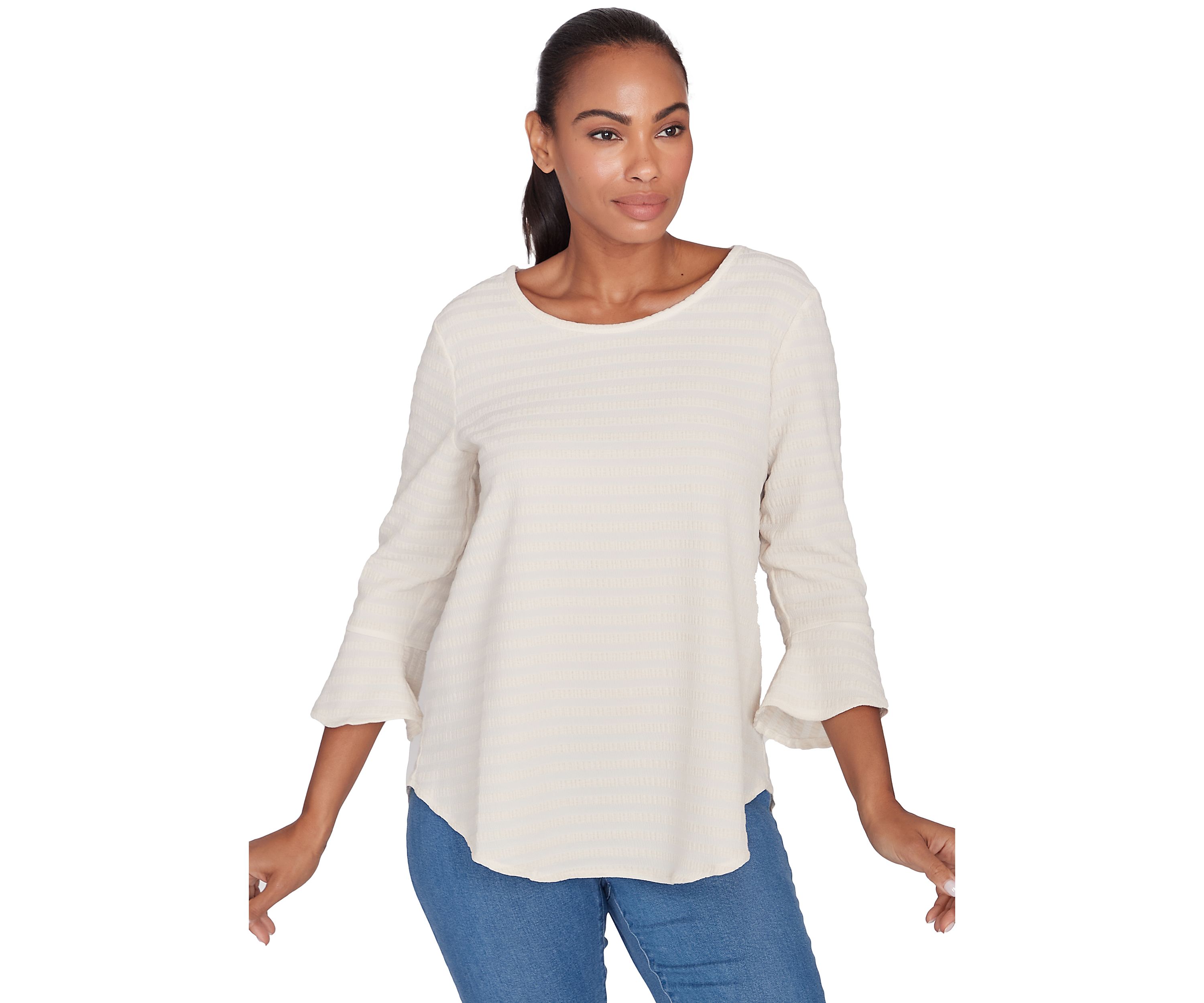 Petite Ballet Neck Luxe Smocked Top with Ruffle Sleeves