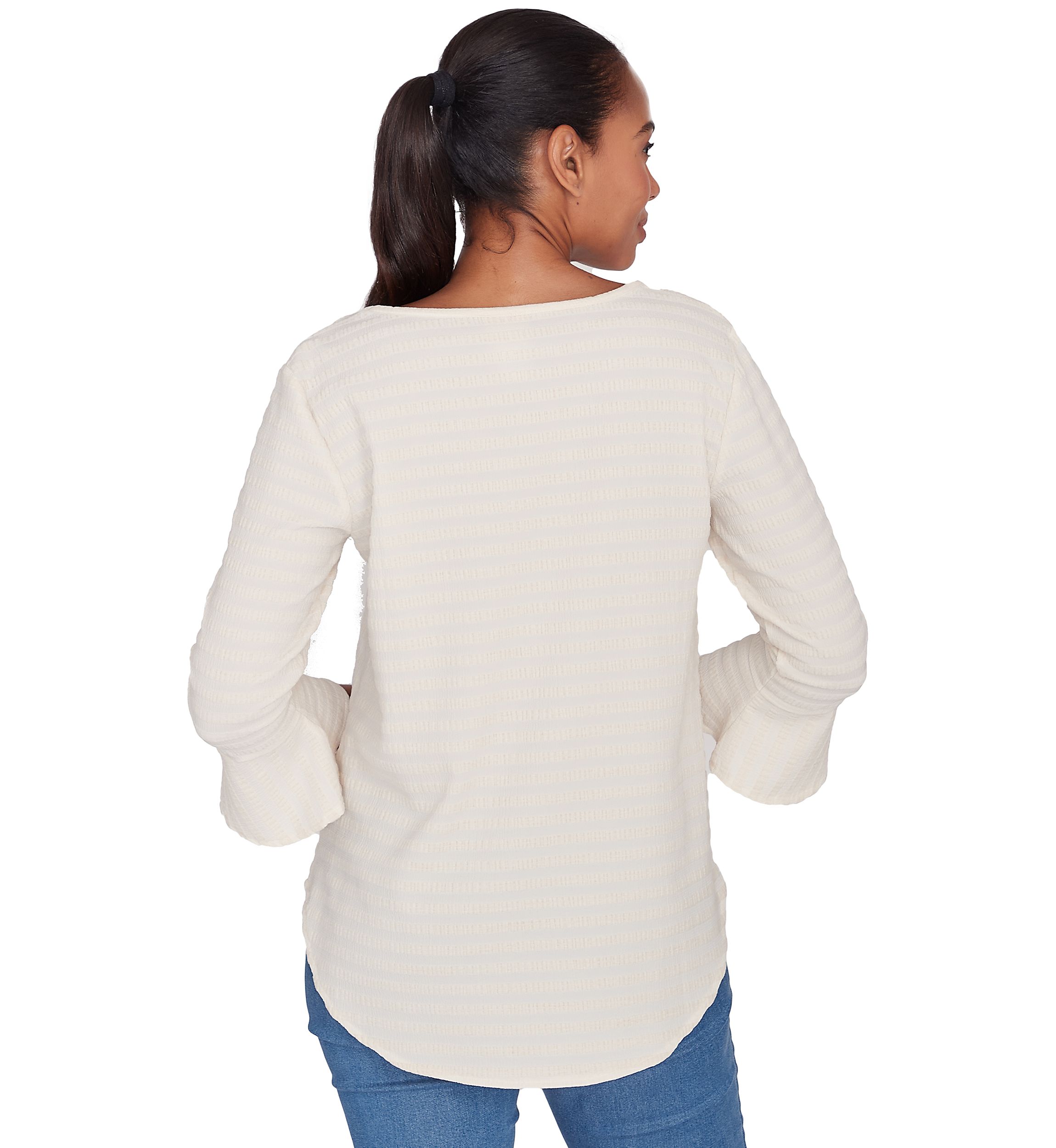 Petite Ballet Neck Luxe Smocked Top with Ruffle Sleeves