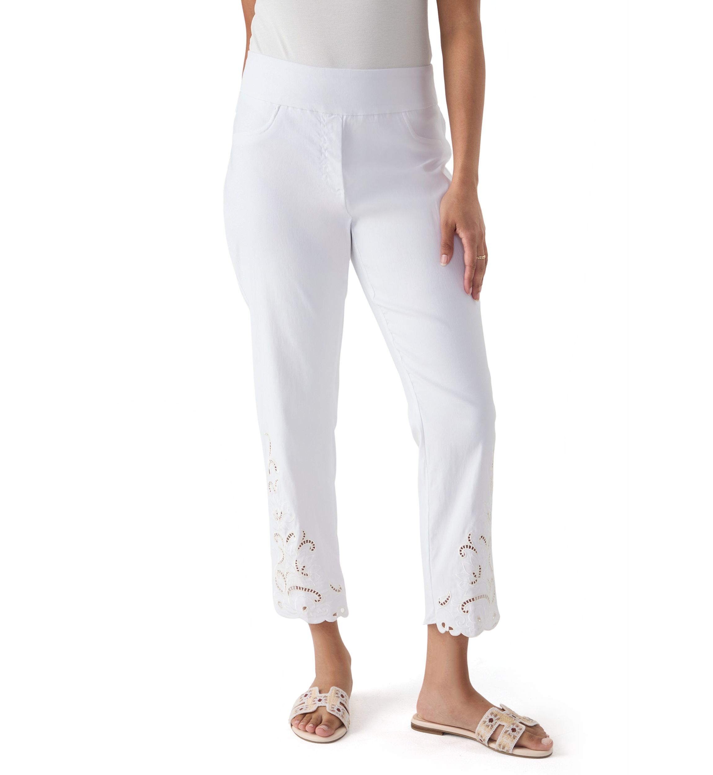 Womens Pull-On Silky Embroidered Ankle Pants