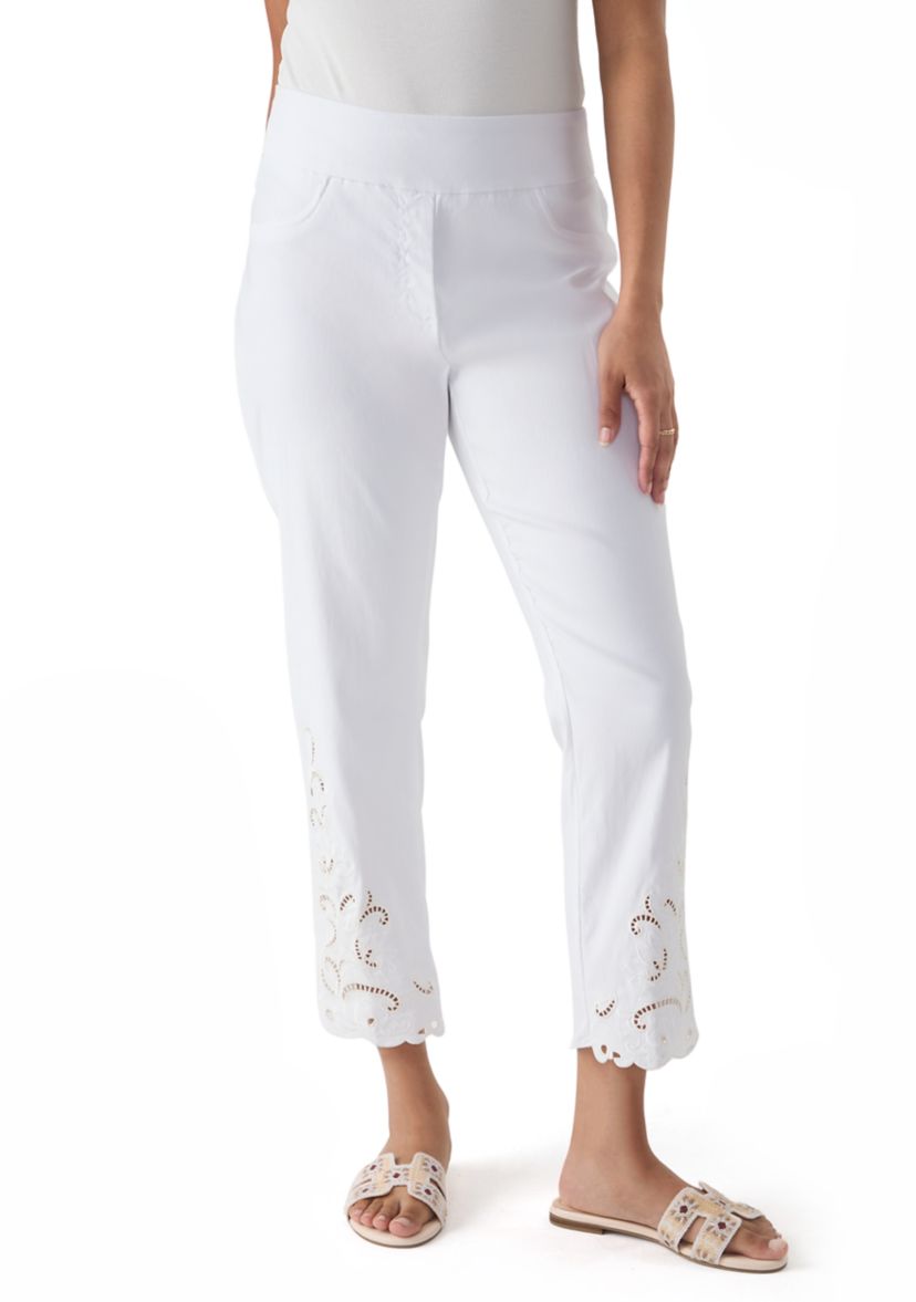 Womens Pull-On Silky Embroidered Ankle Pants
