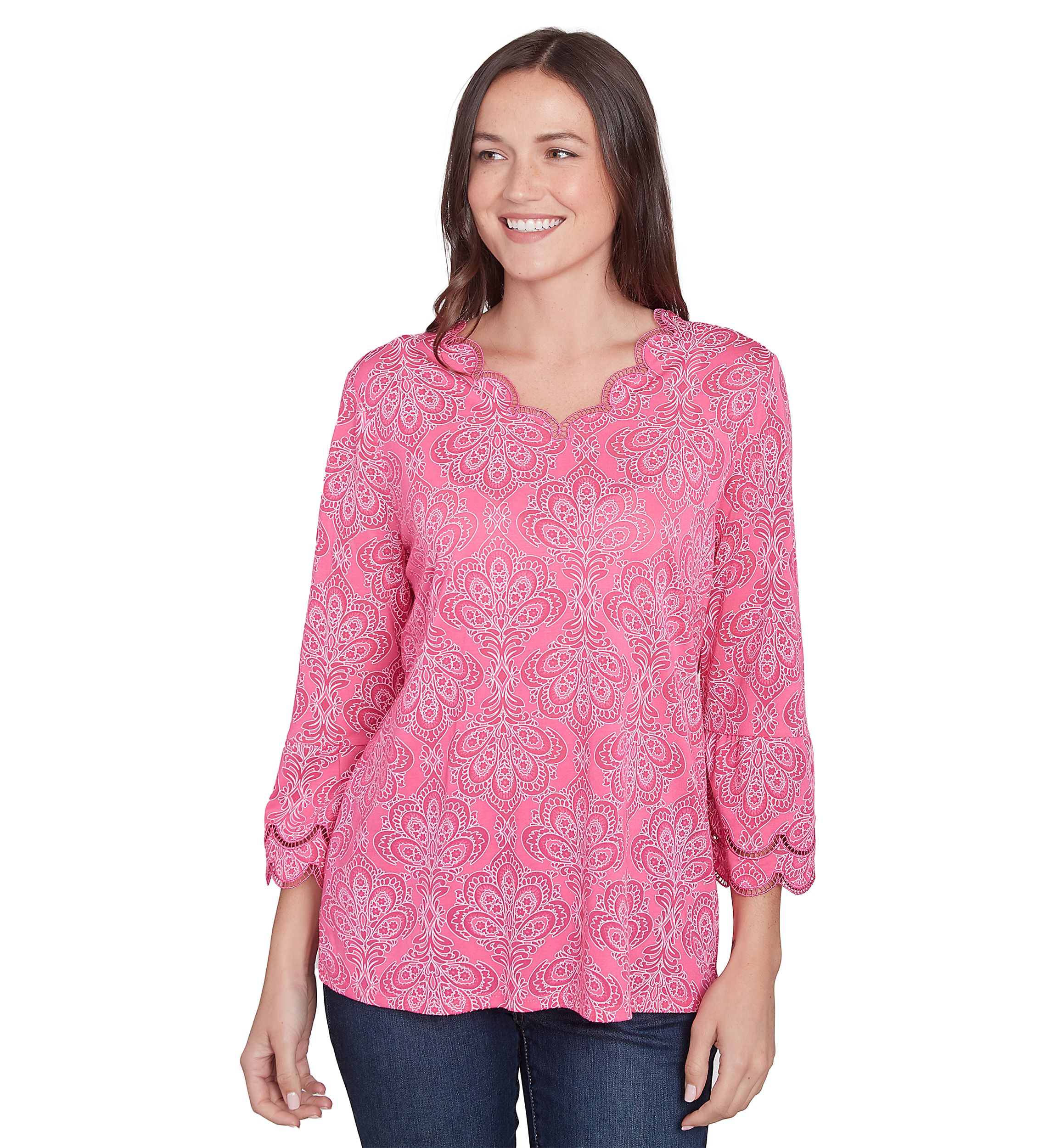Womens  Scalloped Puff Print Solid Burnout Top