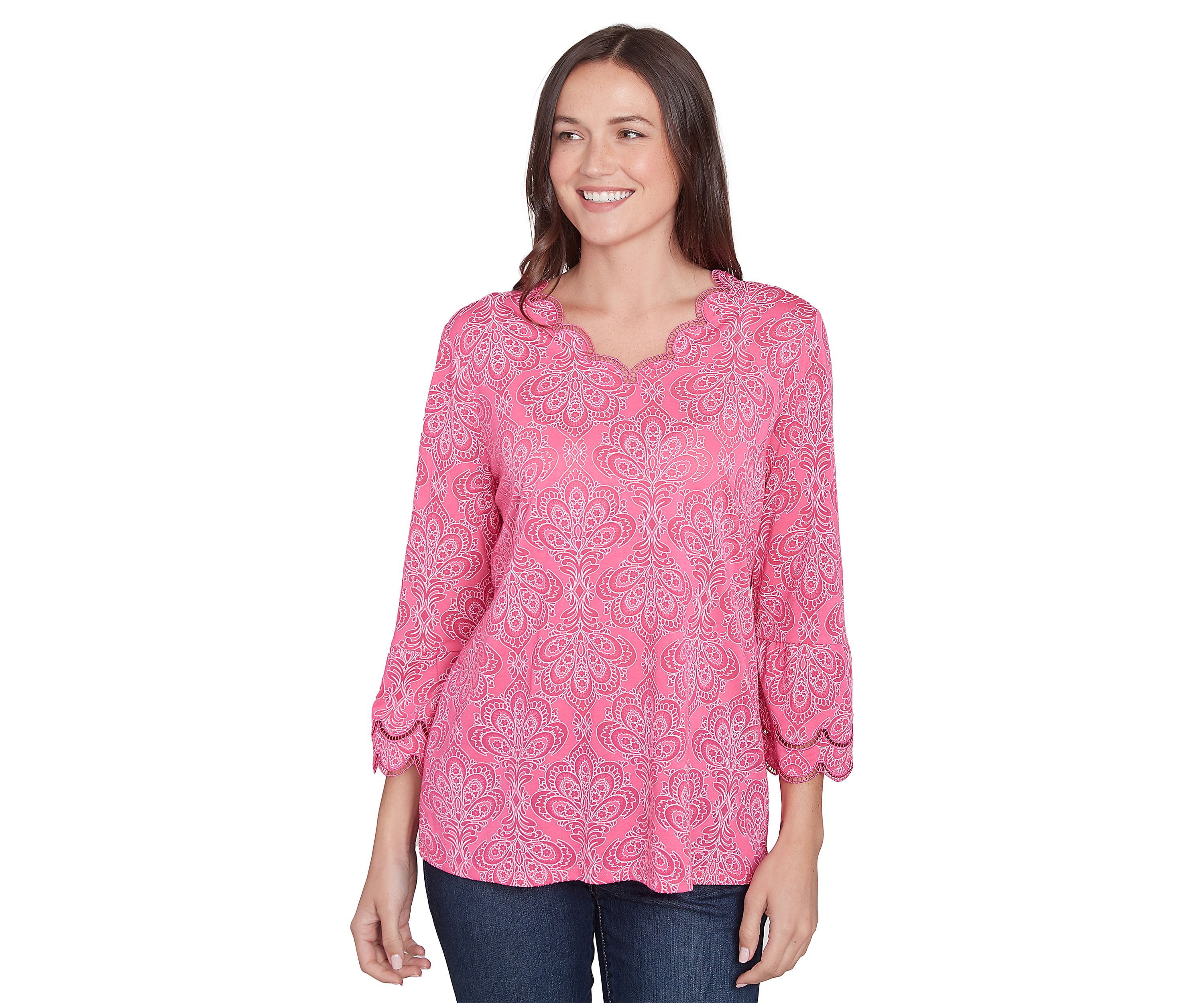 Womens  Scalloped Puff Print Solid Burnout Top