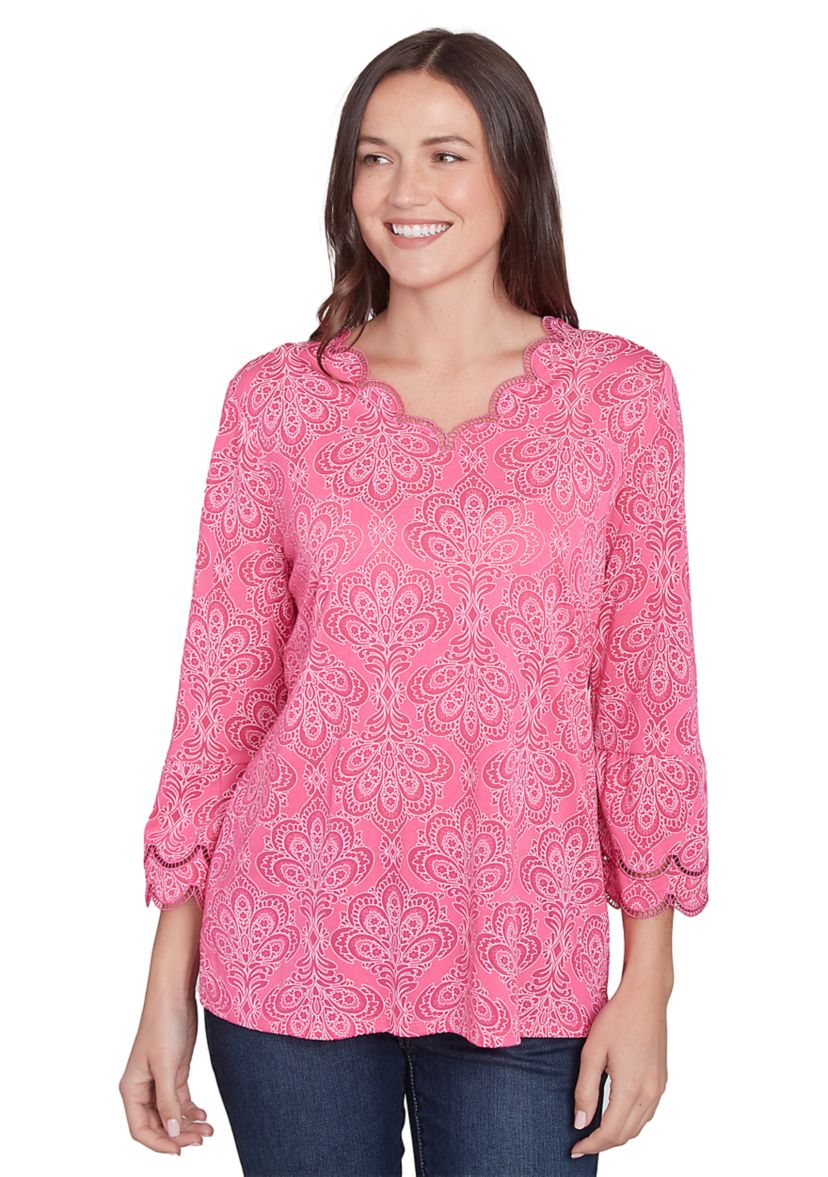 Womens  Scalloped Puff Print Solid Burnout Top
