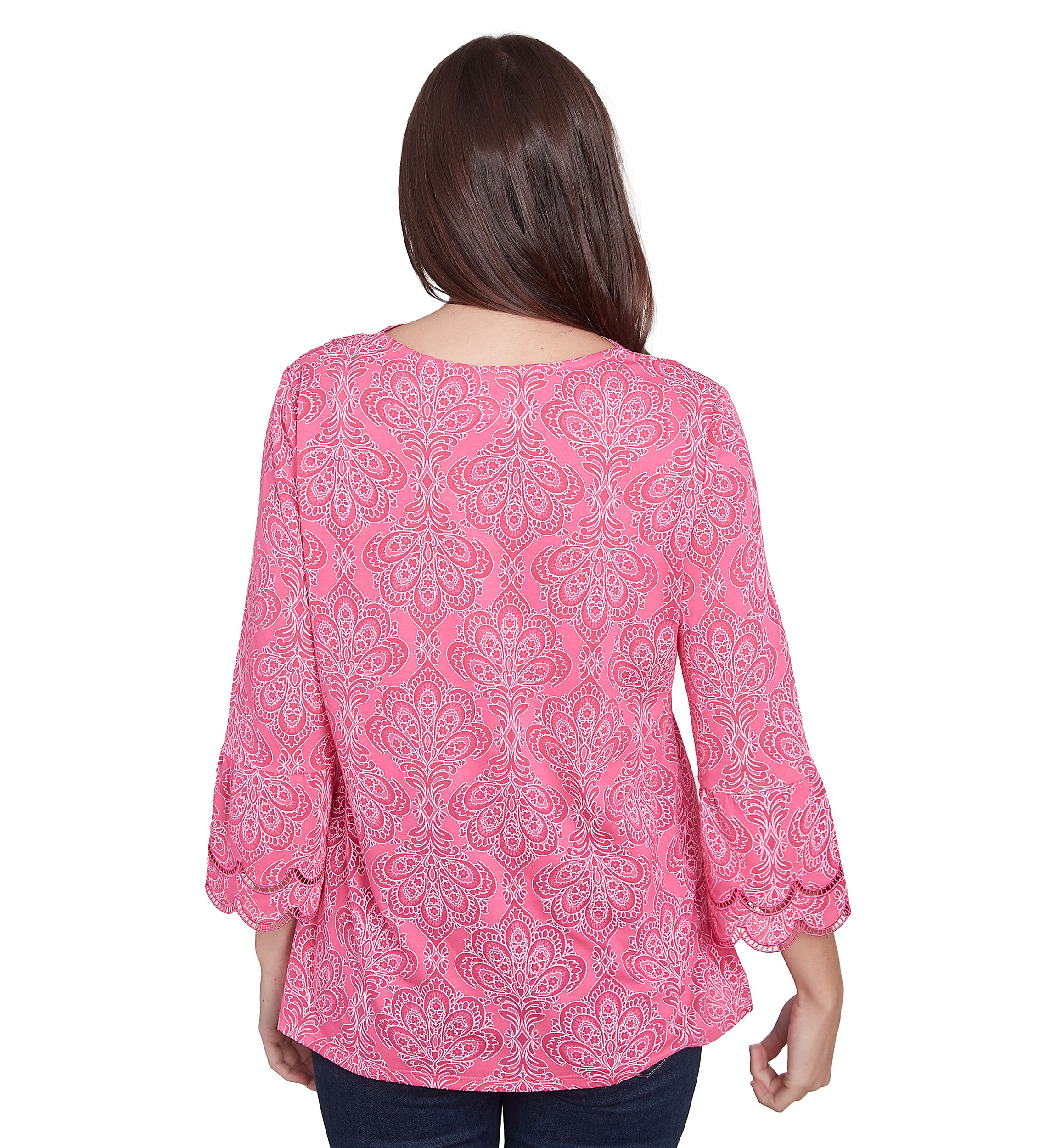 Womens  Scalloped Puff Print Solid Burnout Top