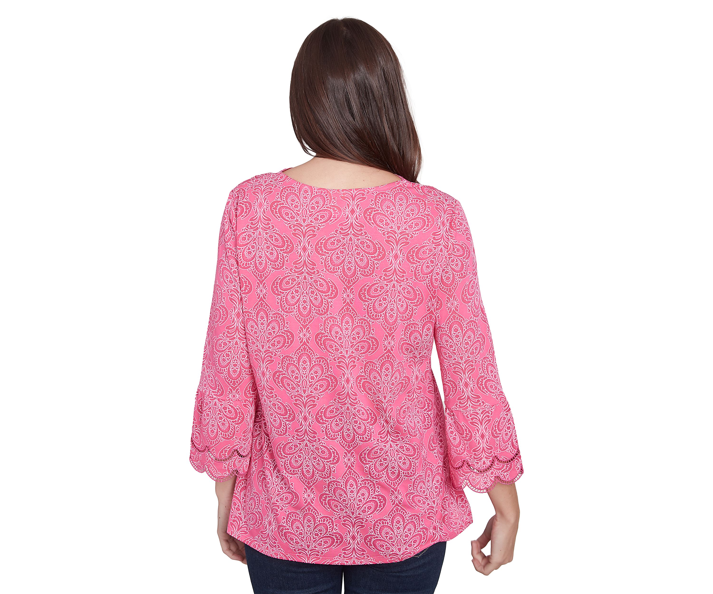 Womens  Scalloped Puff Print Solid Burnout Top