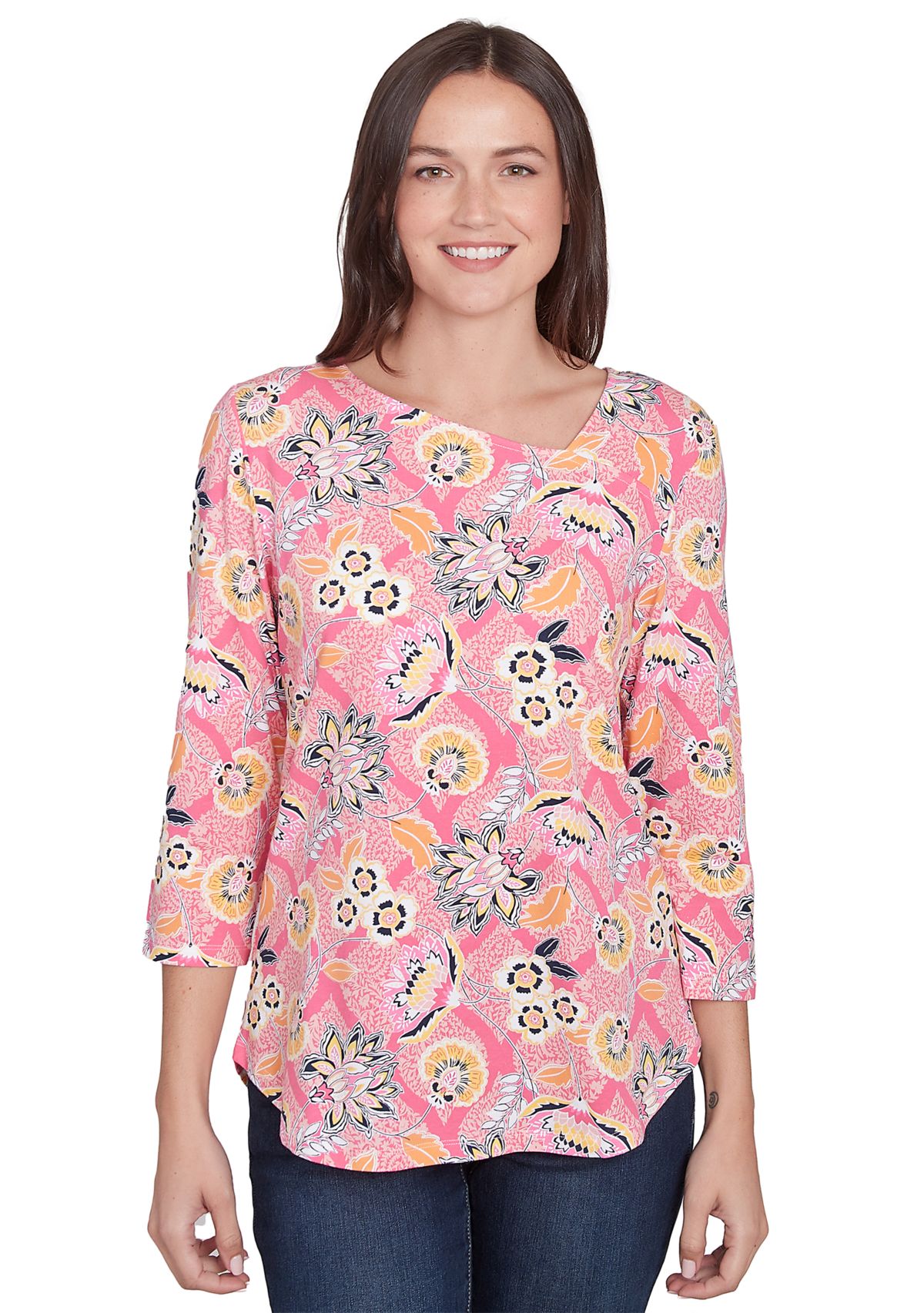 Womens Floral Asymmetric Neckline Knit Top