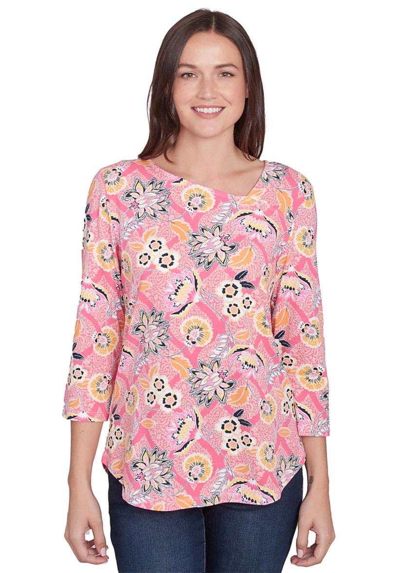 Womens Floral Asymmetric Neckline Knit Top